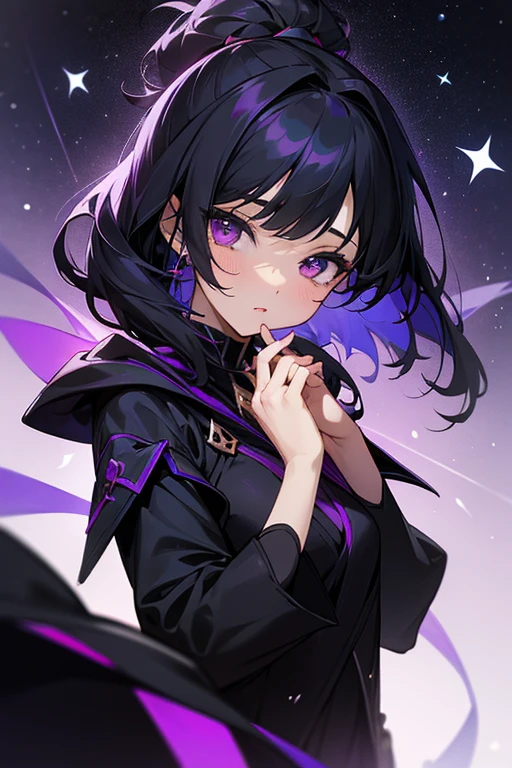 a women with black and purple cloth cold beauty  with black hair volet eyes and cute with perfect near Nexus with star with cute face shown the beautifull view all in anime 
