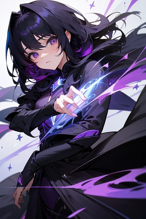 a women with black and purple cloth cold beauty  with black hair volet eyes and cute with perfect near Nexus with star with cute face shown the beautifull view all in anime 