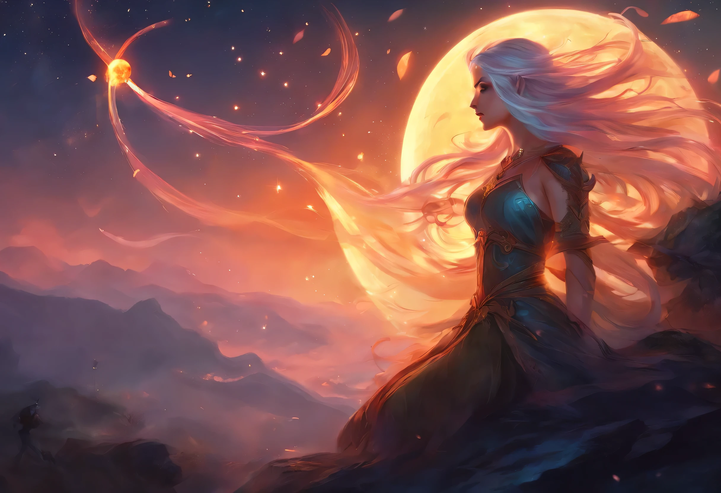 ((shot from a far distance)),(Shadow elf decorated with streamers and fireflies),((Bonfires and shining ores on dark nights&Wind blowing effect&floating flames)),(girl),(soft light lighting),official art,(wallpaper design)