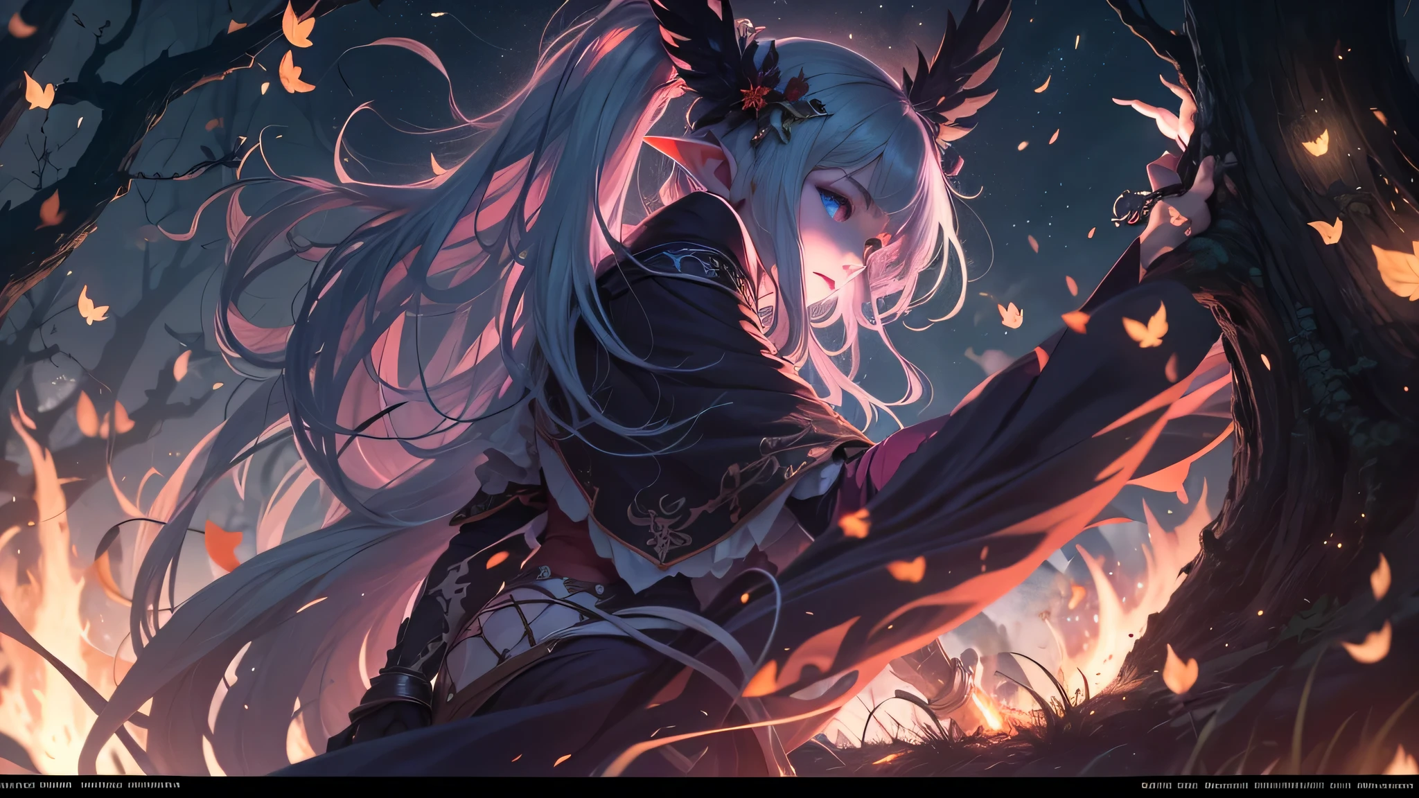 ((shot from a far distance)),(Shadow elf decorated with streamers and fireflies),((Bonfires and shining ores on dark nights&Wind blowing effect&floating flames)),(girl),(soft light lighting),official art,(wallpaper design)