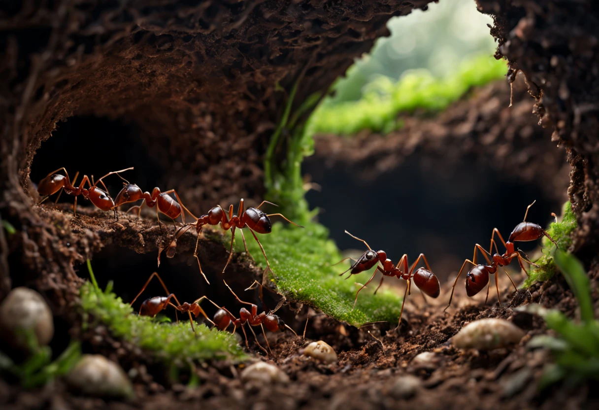 Underground ant nest, intricate tunnels, bustling ant workers, organized colonies, ant eggs, larvae, abundant food storage, multiple chambers, dark and damp environment, interconnected pathways, ant queens, diligent workers, intricate architecture, teamwork, industriousness, colony hierarchy, delicate antennas, six-legged creatures, efficient communication, bustling activity, tightly-knit community, ant society, hidden underground world, complex network, organized chaos, constant movement, underground civilization, industrious ants, endless work, diligent foragers, teamwork, strong sense of purpose, meticulous attention to detail, organized construction, busy tunnels, labyrinthine pathways, the hum of activity, silently carrying out their tasks, vast underground network, thriving ant city, flickering shadows, mysterious underworld, secret kingdom. (best quality, ultra-detailed, realistic:1.37), dark and earthy tones, subtle lighting, intricate textures, detailed ant anatomy, lifelike details, professional rendering, vibrant colors, sharp focus.