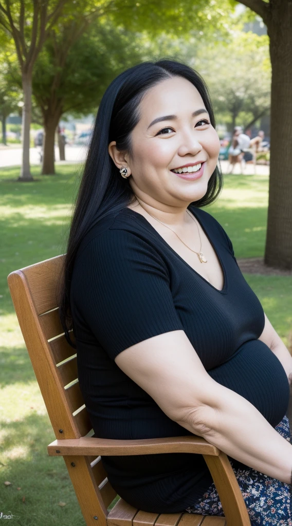 masterpiece, best quality, ultra detailed, insanely detailed, hyper detailed, beautiful, absurdres, highres, 8K, park, old woman, woman, glad, smiling, sitting, legs spread, looking at viewer, looking ahead, front view, long hair, wave hair, black hair, brown eyes, eyes open, pale skin, plump, beautiful breasts, grid girl, necklace, piercing, beauty mark, delicate facial features, curvy, plump, chubby, old, elderly, middle-aged, japanese, outside, in the park, with a chair, with a tree, with a flower, in the afternoon, full body shot, from front, front view, wide view, midday