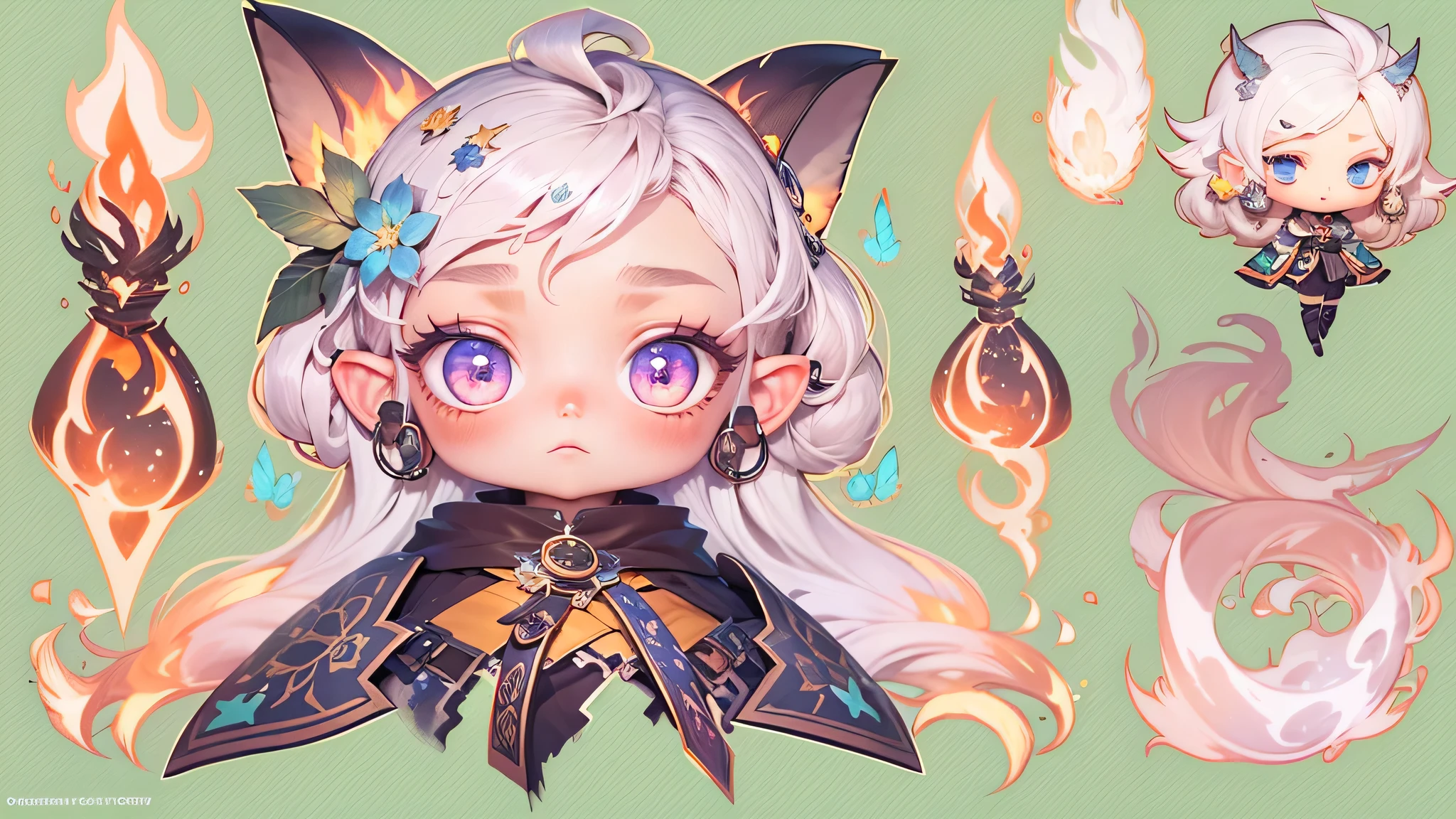 （（shot from a far distance）），（Cute fire elf decorated with flames and fluorite），（（Bonfires and shining ores on dark nights&Wind blowing effect&floating flames）），（Meditating girl），（soft light lighting），official art，（wallpaper design）
