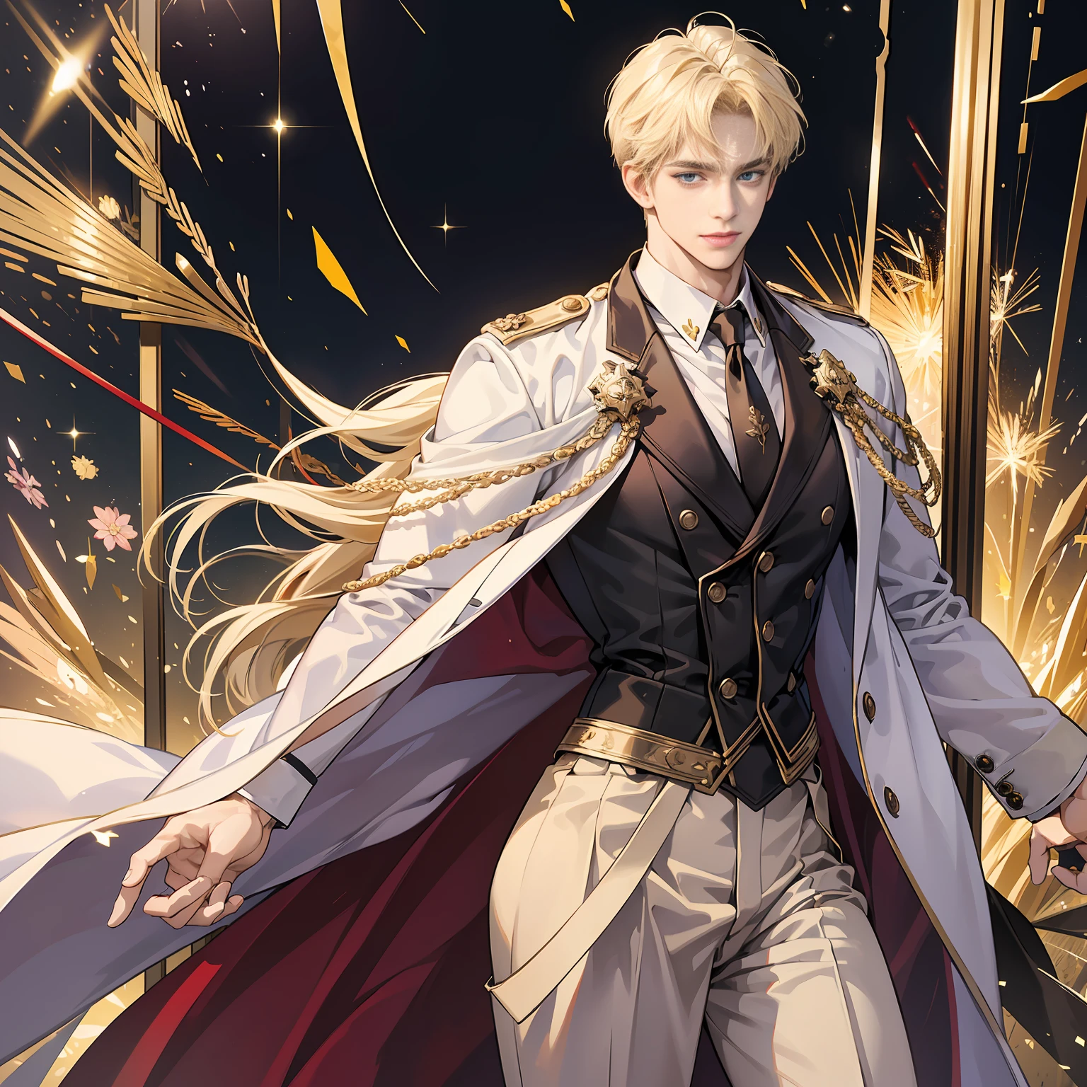 {(best quality, 8k, masterpiece, HDR, soft lighting, perfect image, digital illustration, manhwa art, hyper detailed image, perfect lines, realistic)}Constantine the Great, Roman Emperor Constantine the Great resurrected in modern times。34 years old。one adult male。Long body。broad shoulder。thick neck。eyes like a lion。Bright and sharp eyes。Looking here。Sincere and kind。Kind and reliable。Deal with it sternly if necessary.。talented and hardworking businessman。successful gentleman。careerist。he is wearing a high quality white suit。dark purple tie。Light purple shirt。forceful。An overwhelming sense of control。romance novel hero。Bold composition。look up to。lyrical。Dramatic。heartful。Romantic。Travel situation。Exotic。opulent。elegan。elegance。Background of Constantine in Algeria reflected in the sunset。​masterpiece。top-quality。Super beautiful。The ultra -The high-definition。detaileds。exquisite。 1 very handsome man, short blonde hair, blue eyes, olive skin, clothes luxurious (imposing posture, smiling), {(black background with golden sparkles)}