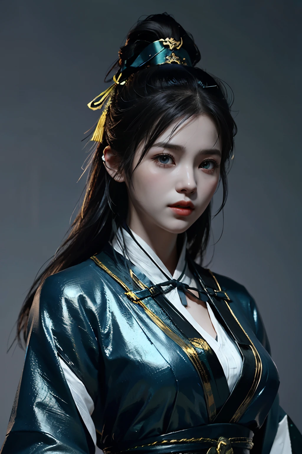 Game art，The best picture quality，Highest resolution，8K，(A bust photograph)，(Portrait from bust:1.5)，(Head close-up)，(Rule of thirds)，Unreal Engine 5 rendering works， (The Girl of the Future)，(Female Warrior)， 
20岁少女，(The warrior in ancient China)，An eye rich in detail，(Big breasts)，优雅高贵，冷漠，(Brave)，
(Costumes of ancient Chinese characters，A random pattern of clothing，Ribbon，Joint Armor，Rich dress details，)中国人物，奇幻风格，
拍照姿势，野外背景，Movie lights，Ray tracing，Game CG，((3D Unreal Engine))，oc渲染反射纹