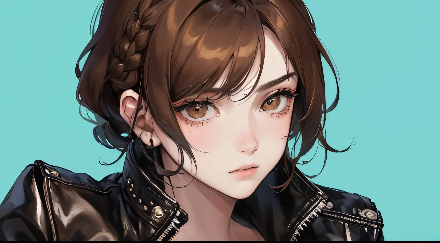 (((1 woman)))、(highest resolution、clear_image)、 ((The gaze is looking down))、best quality、((short hair)),(((cool solid color background)))、contrast of light and shadow、((illumination))、very detailed、Semi-realistic、brown hair、Braided hairstyle、sad look、long bangs、20-year-old、young、((double rider leather jacket))、((View from the front))、delicate facial features facial features、