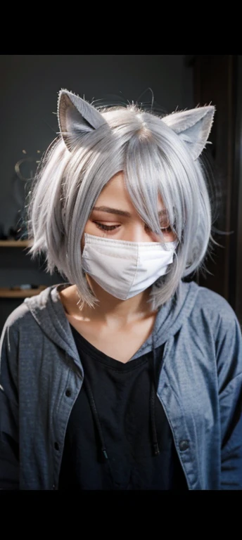 Girl. Baggy clothes. Mask. Silver hair. Covers one eye. Shy. Anxious. 