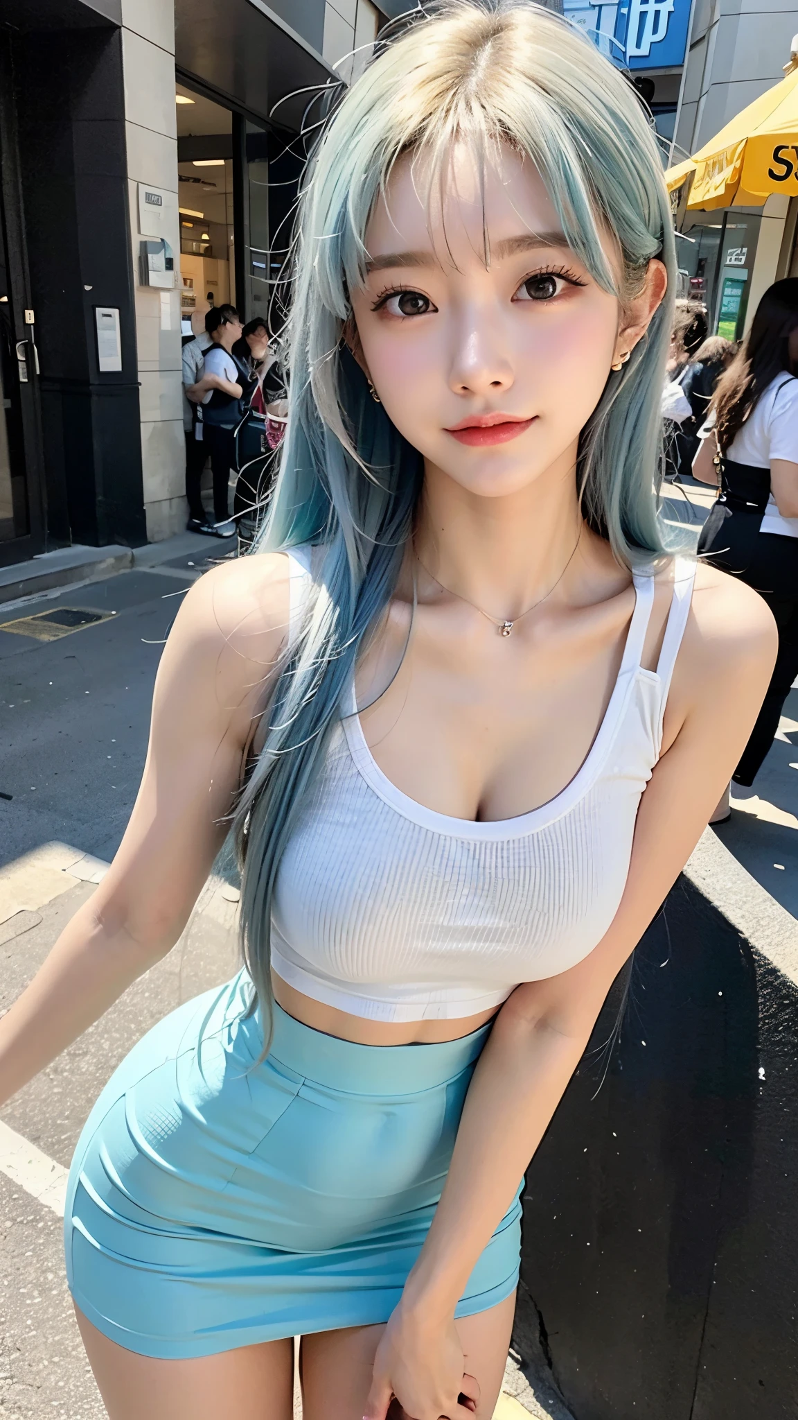 Front light，Sunlight on the face，A very beautiful girl,light blue hair,Du Qiong,((reality)),masterpiece,under art,The breasts are big and beautiful,Super big breasts,Chest tightness,tight clothes,Wearing a colorful tight T-shirt,Various gradient skirts,((Background is outdoor square pedestrian street city street)),bright,on the sun,Half body,Traffic,Smile,blush,lip gloss,earring