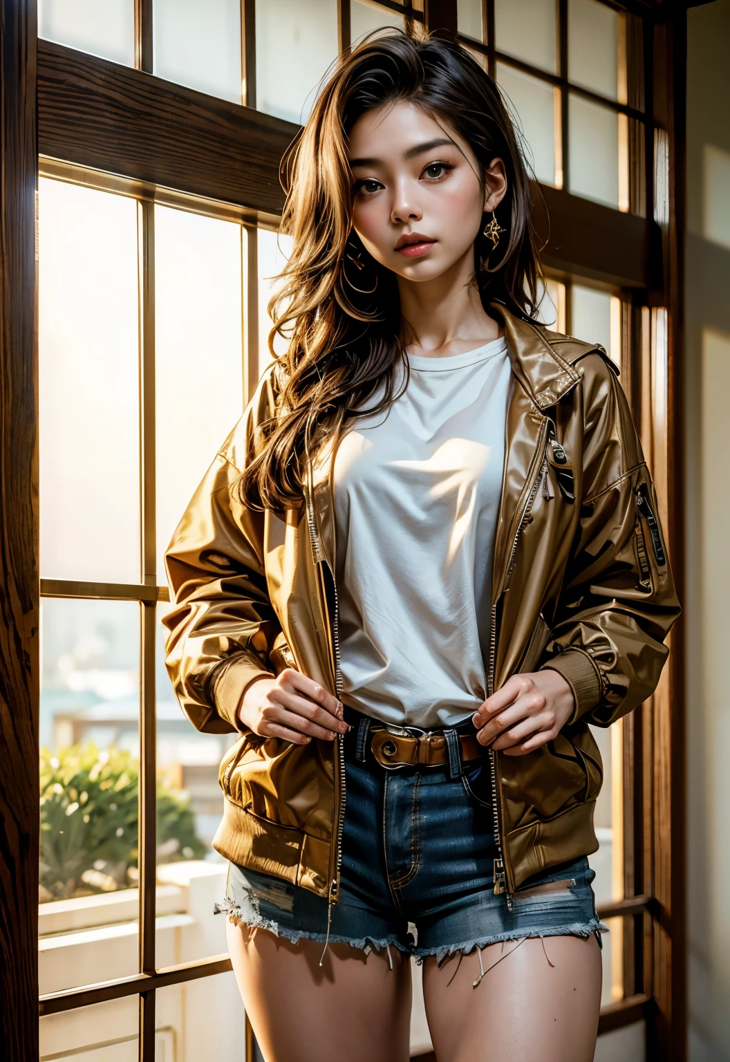 (highest qualityの, highest quality, beautiful and aesthetic:1.2), (1 Japanese female), very detailed,sexy woman,best details, brown hair,composition of golden ratio, dynamic line of sight,coastal, wearing a jacket