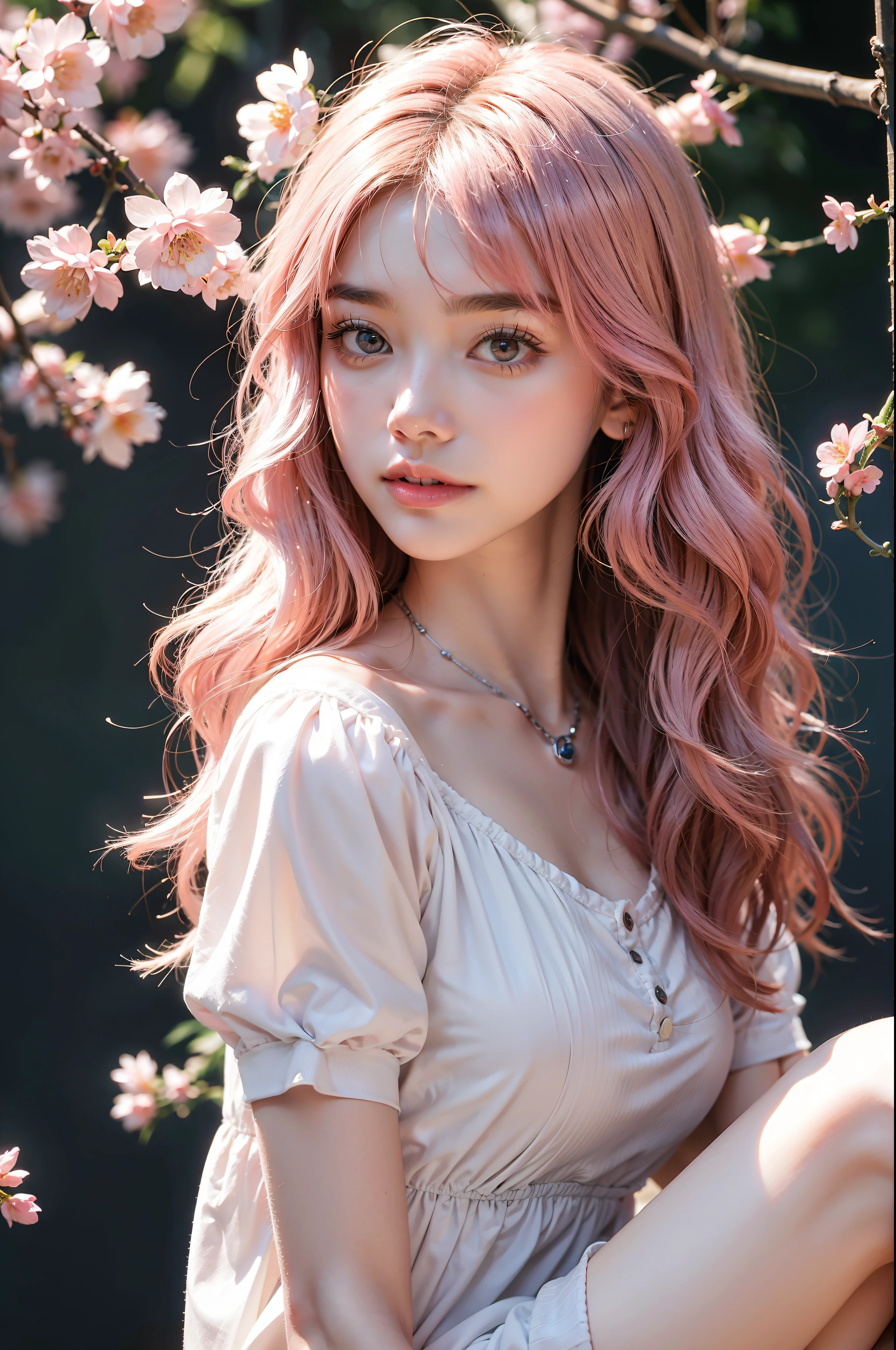 Light pink hair, pink eyes, pink and white, sakura leafs, vivid colors, white dress, paint splash, simple background, ray tracing, wavy hair