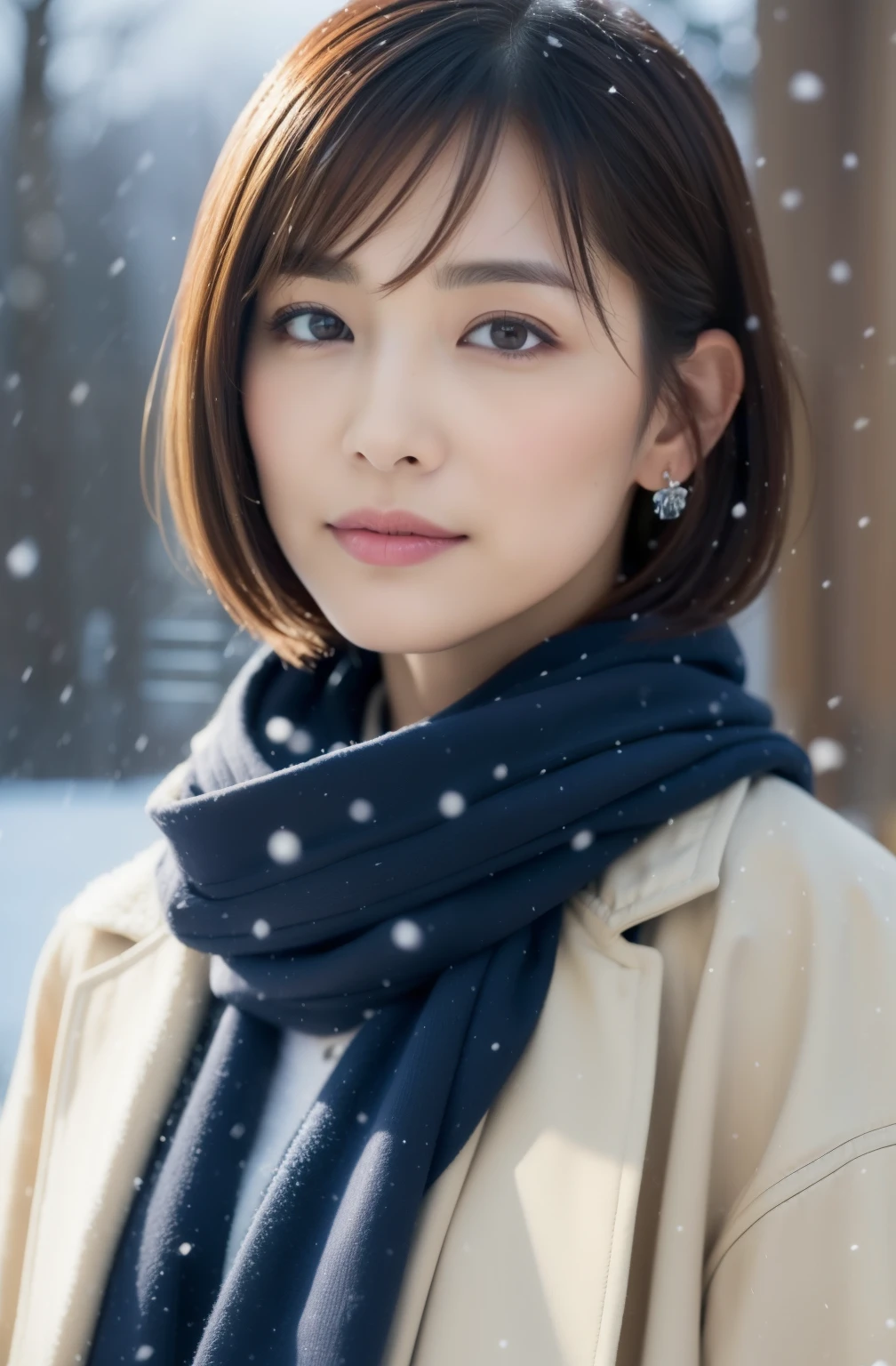 ((highest quality、8K、masterpiece:1.3))、sharp focus:1.2、Beautiful 40 year old Japanese woman with perfect figure:1.4、(Layered Short Hairstyles:1.2))、composition of golden ratio、(wearing a thick coat:1.3)、scarf:1.2,snow scene,Earrings and necklaces:1.1、Highly detailed face and skin texture、fine eyes、double eyelid、It's snowing