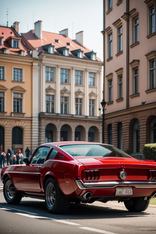 Photographer takes photo from distance. Classic red mustang in Warsaw near cultur palace