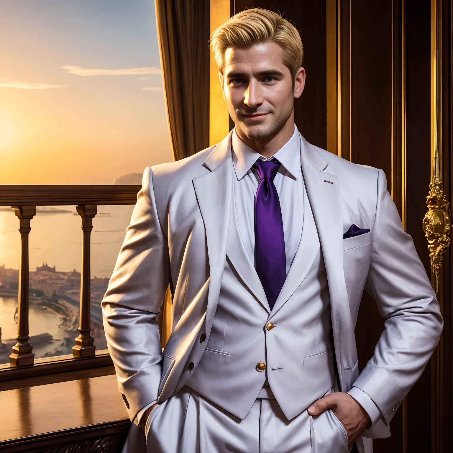 {(best quality, 8k, masterpiece, HDR, soft lighting, perfect image, digital illustration, manhwa art, hyper detailed image, perfect lines, realistic)}Constantine the Great, Roman Emperor Constantine the Great resurrected in modern times。34 years old。one adult male。Long body。broad shoulder。thick neck。eyes like a lion。Bright and sharp eyes。Looking here。Sincere and kind。Kind and reliable。Deal with it sternly if necessary.。talented and hardworking businessman。successful gentleman。careerist。he is wearing a high quality white suit。dark purple tie。Light purple shirt。forceful。An overwhelming sense of control。romance novel hero。Bold composition。look up to。lyrical。Dramatic。heartful。Romantic。Travel situation。Exotic。opulent。elegan。elegance。Background of Constantine in Algeria reflected in the sunset。masterpiece。top-quality。Super beautiful。The ultra -The high-definition。detaileds。exquisite。 1 very handsome man, short blonde hair, blue eyes, olive skin, clothes luxurious (imposing posture, smiling), {(black background with golden sparkles)}