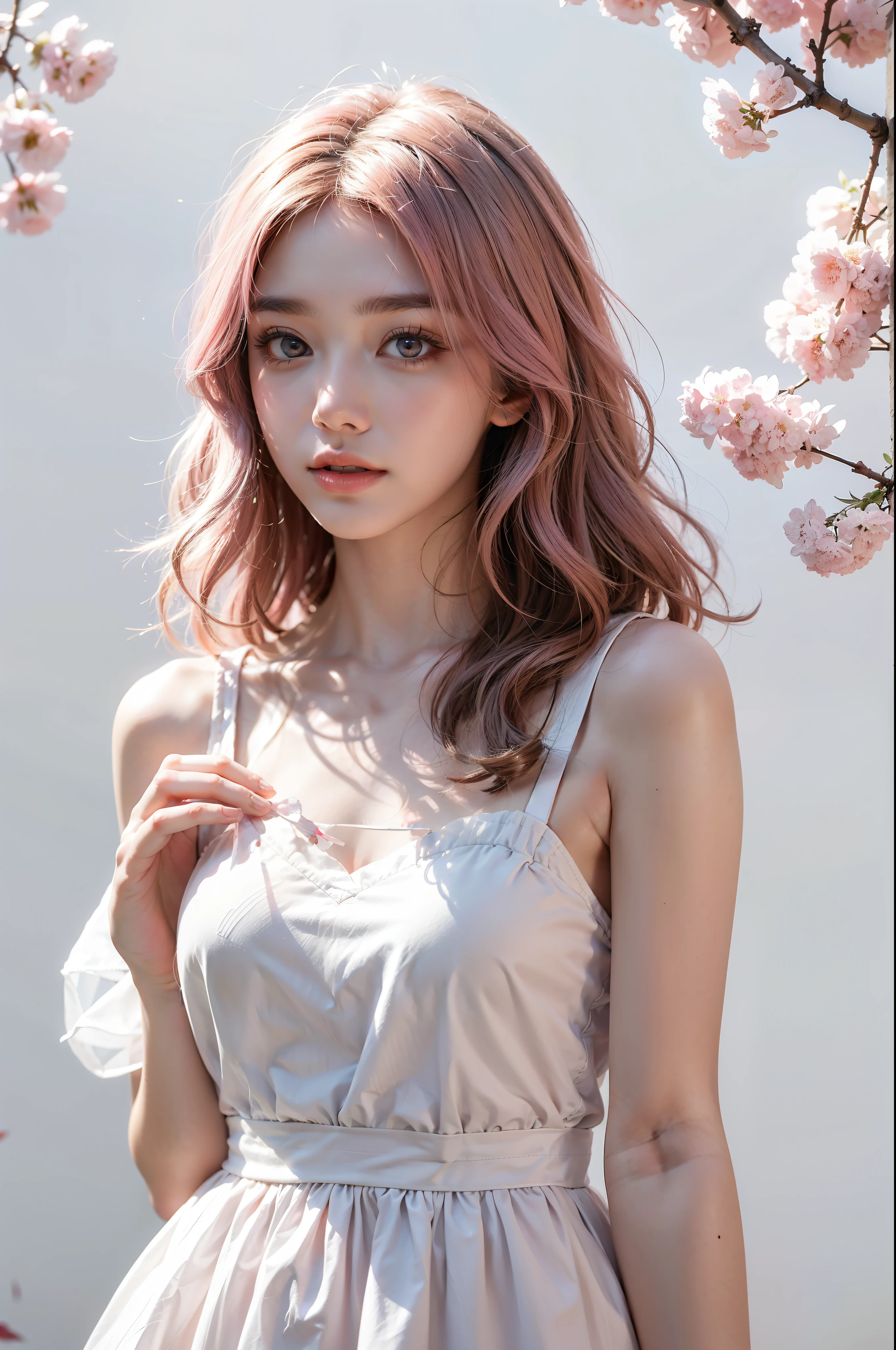 Light pink hair, pink eyes, pink and white, sakura leafs, vivid colors, white dress, paint splash, simple background, ray tracing, wavy hair