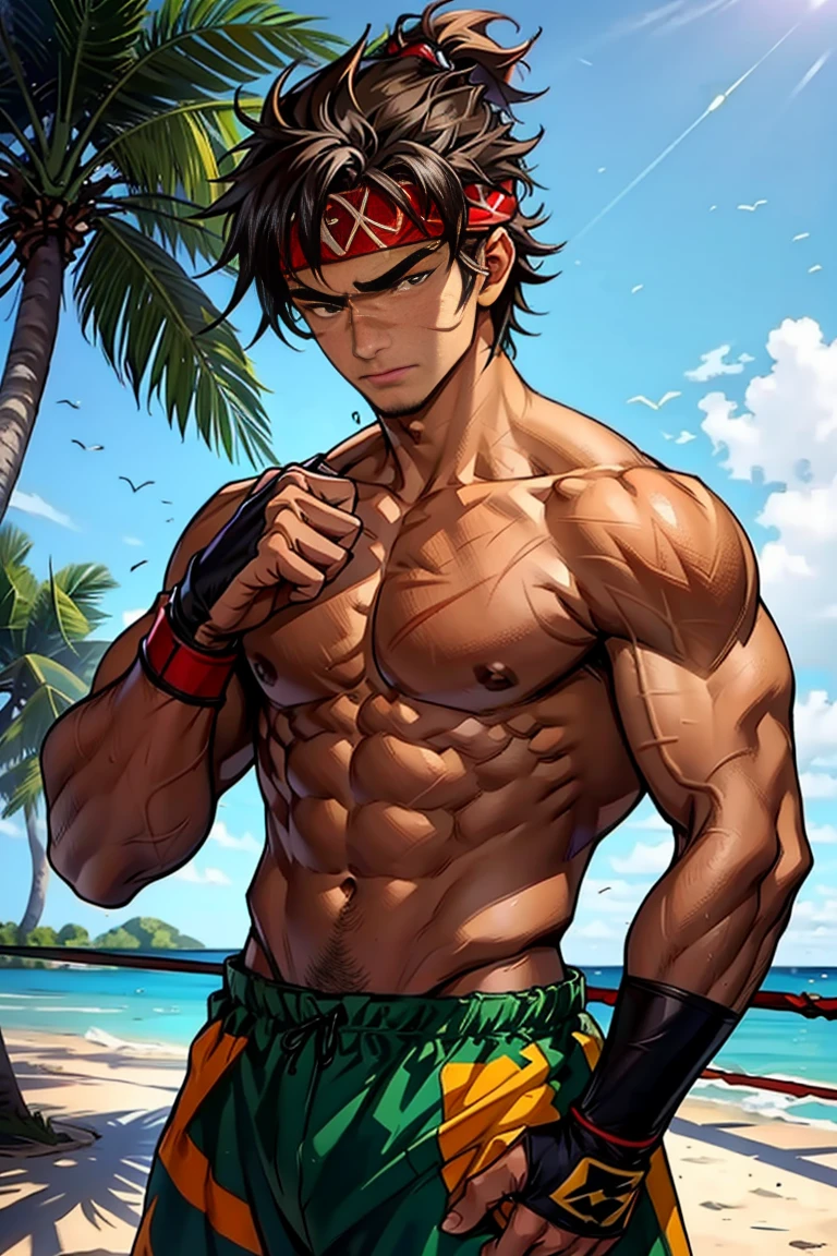 (Masterpiece, Best quality  boy，Shota), solo, Young, boy, Dark Short hair, full bodyesbian, Shirtless, topless, green headband, Vivid colors,(Depth of field:1.2),(Abs), view the viewer, black wristband, closed mouth, topless male, pale tanned skin with tight muscler body, Man with boxing stance, epic boxing pose, Sparring