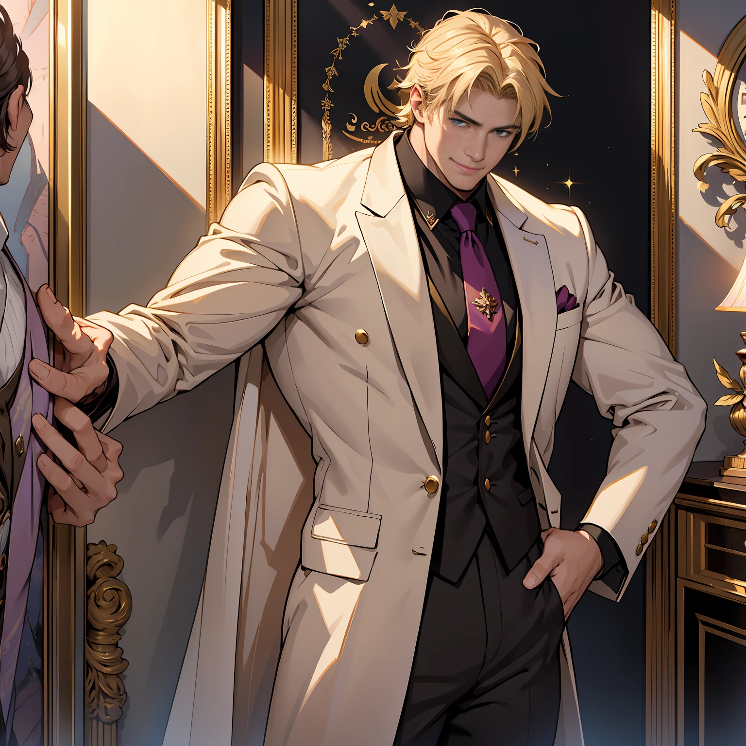 {(best quality, 8k, masterpiece, HDR, soft lighting, perfect image, digital illustration, manhwa art, hyper detailed image, perfect lines, realistic)}Constantine the Great, Roman Emperor Constantine the Great resurrected in modern times。34 years old。one adult male。Long body。broad shoulder。thick neck。eyes like a lion。Bright and sharp eyes。Looking here。Sincere and kind。Kind and reliable。Deal with it sternly if necessary.。talented and hardworking businessman。successful gentleman。careerist。he is wearing a high quality white suit。dark purple tie。Light purple shirt。forceful。An overwhelming sense of control。romance novel hero。Bold composition。look up to。lyrical。Dramatic。heartful。Romantic。Travel situation。Exotic。opulent。elegan。elegance。Background of Constantine in Algeria reflected in the sunset。​masterpiece。top-quality。Super beautiful。The ultra -The high-definition。detaileds。exquisite。 1 very handsome man, short blonde hair, blue eyes, olive skin, clothes luxurious (imposing posture, smiling), {(black background with golden sparkles)}