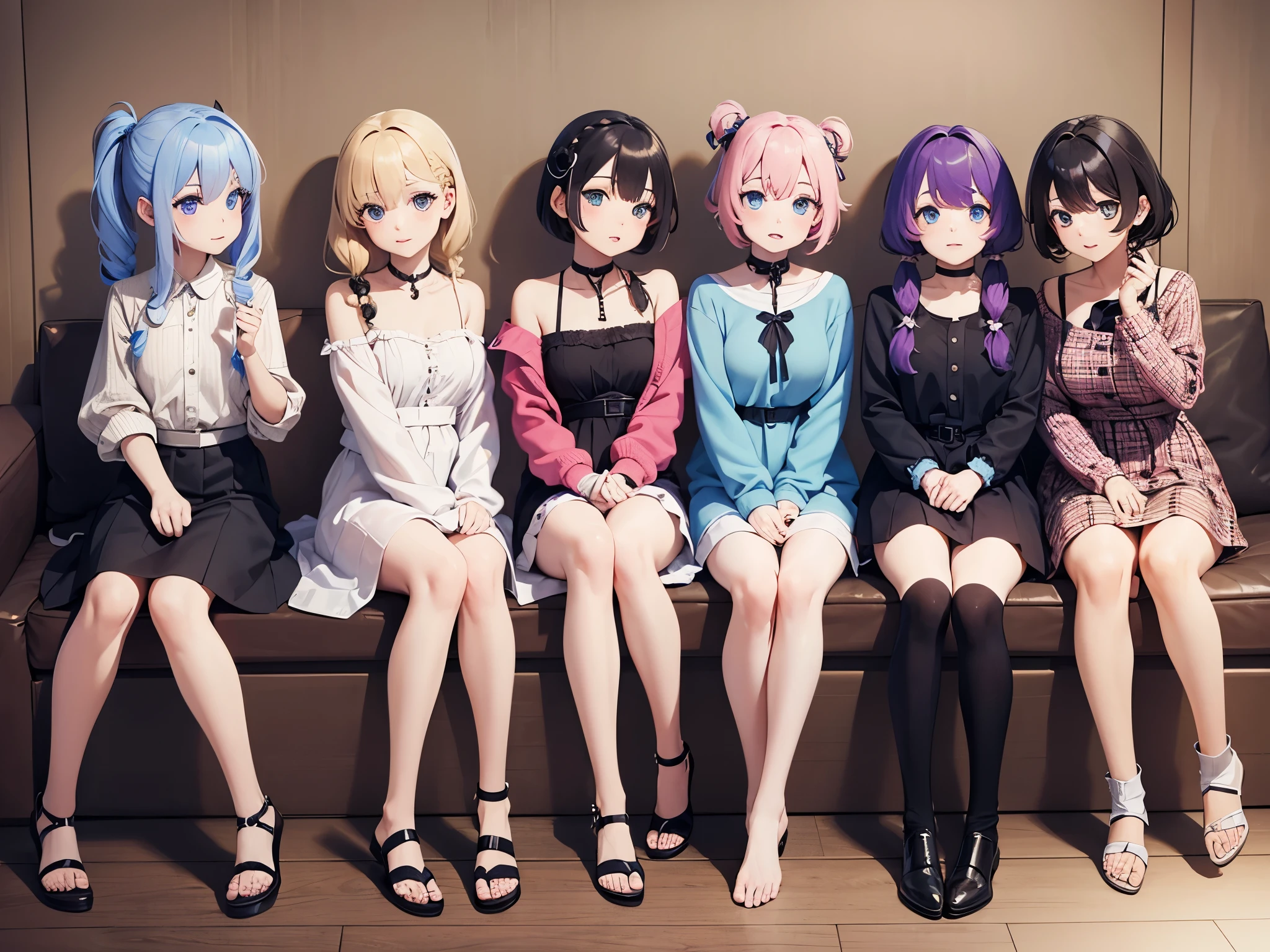 nine girls,Different hair colors,skirt,Good figure,Bare long legs,Plump breasts,young anime man,High quality anime art style,anime moe art style,RGB lighting,in the villa,a living room,short skirts of different colors,watching the audience,different postures,different temperament,naughty,arrogant and indifferent,temperate,exquisite facial features,