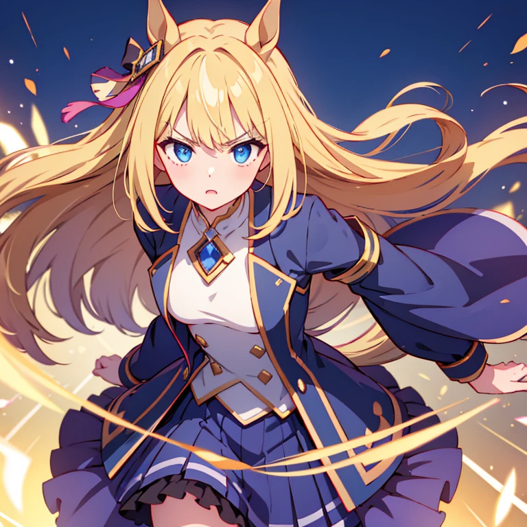 masterpiece, highest quality, very detailed, anime, girl, horse ears, blonde, young face, he is short, , very small breasts, long hair, umamusume, blue eyes, Gorgeous purple and navy costume with lots of luxurious accessories, Turf Course, sprinting at full speed, serious expression, Glaring ahead, wave both hands back and forth,close goal,
