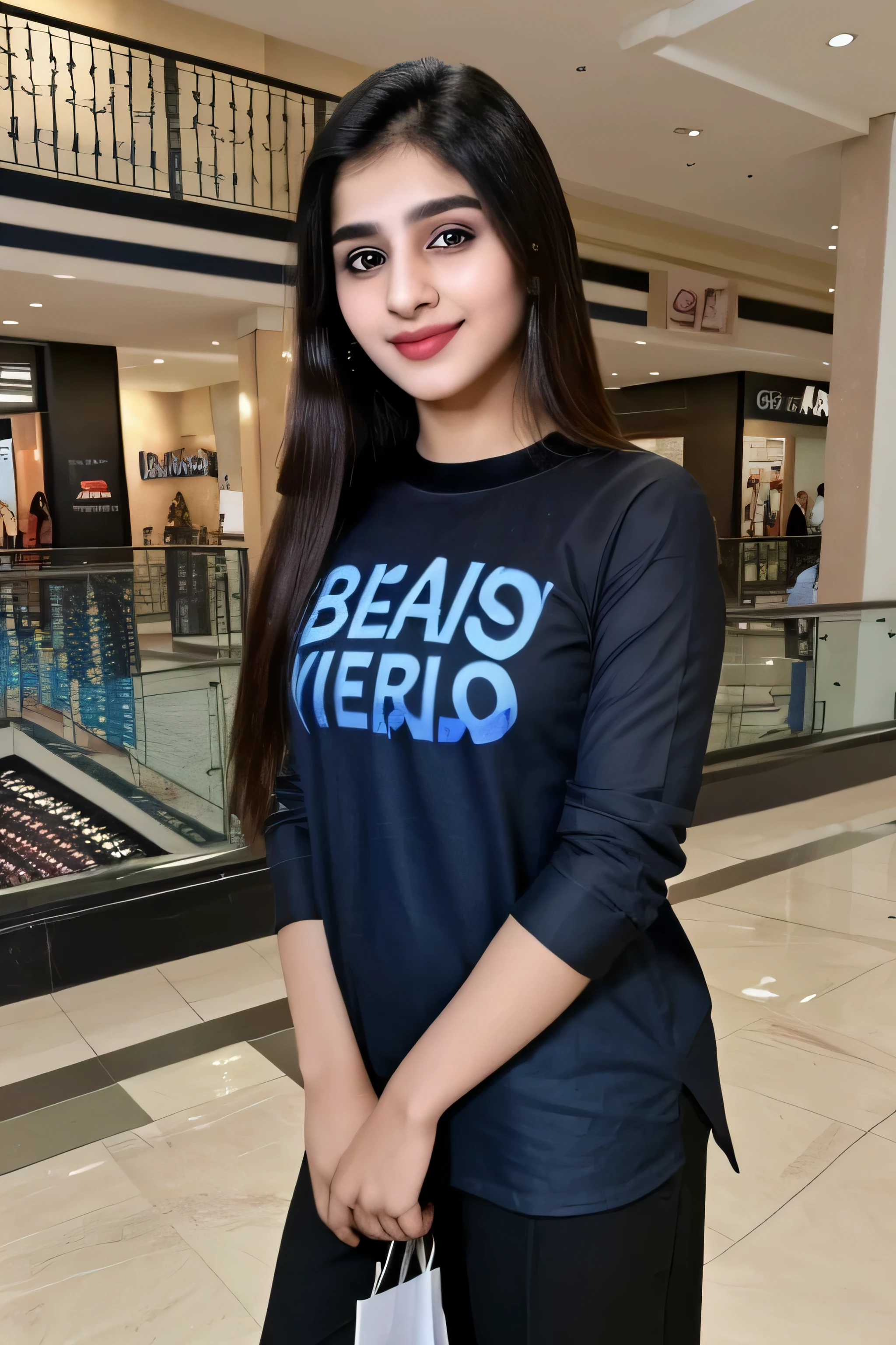 lovely and cute Pakistani girl, smiling, 23 years old, blue pent and black shirt, in shopping mall.
