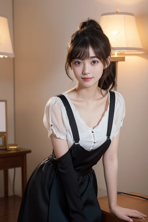 Smile、night、posture、original photography、(((ultimate beauty portrait)))、((sparkling skin))、1 girl、24 year old beautiful girl from Prague、bright expression、((brown hair))、(Black clothes),(C cup)、(White suspenders)、((Big eyes sparkling like gems))、Clothes slightly open、pantyhose、Glowing and radiant skin、(medium hair)、(silk ponytail)、(standing)、(from below)、under skirt、(from below看内衣的特写)、Eyeliner、beautiful bangs、hair between eyes、((​Masterpiece、top quality、Super detailed、lamp、intricate details、high resolution、Very detailed))、background for this、8 kood、digital SLR、soft light、high quality、film grain、富士XT3 、shallow view deep、natural soft light、Kamimei