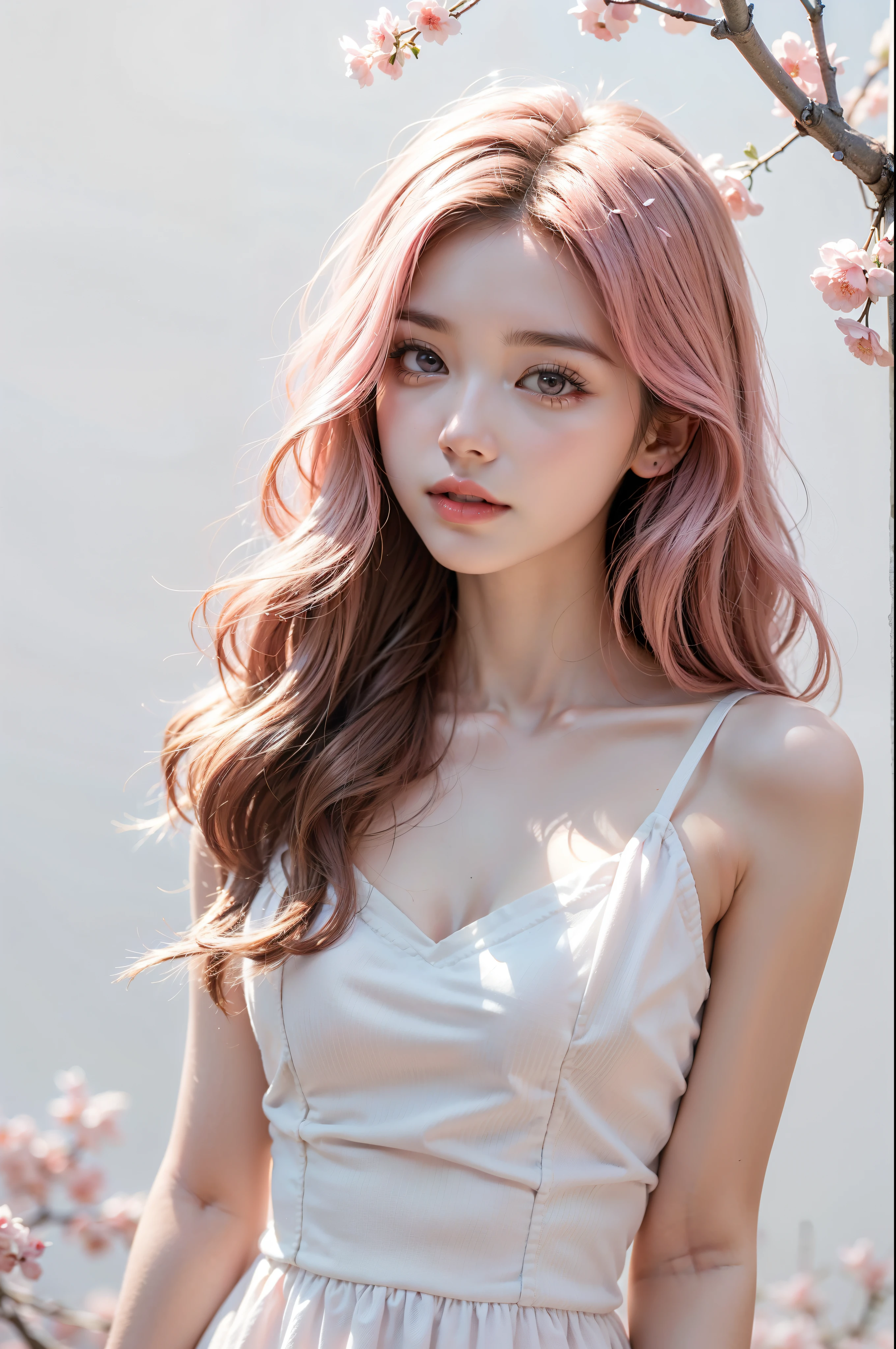 Light pink hair, pink eyes, pink and white, sakura leafs, vivid colors, white dress, paint splash, simple background, ray tracing, wavy hair