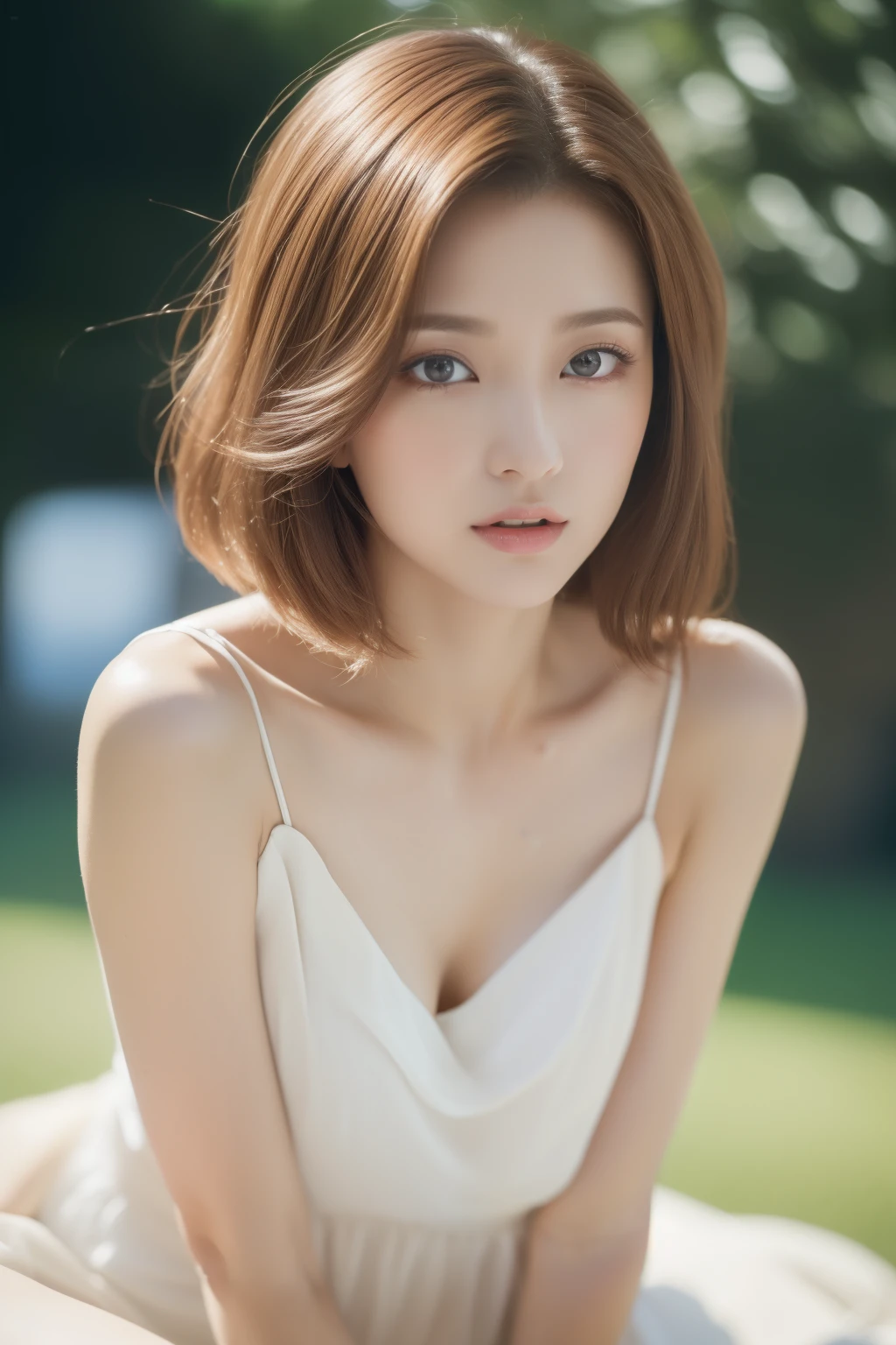 ((highest quality、In 8K、masterpiece:1.hot reality(1.4))、singing from the heart,RAW photo,thin legs、sexy woman、light brown hair、short hair、Wearing a white luxury dress、adult japanese woman、delicate eyes、double eyelid、composition of golden ratio、natural and realistic perspective、singer