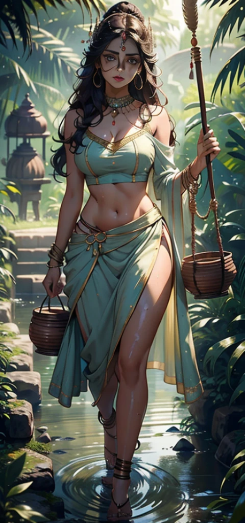 ((best quality)), ((masterpiece)), (detailed), sexy beautiful fair skin perfect indian girl, wearing brown coloured slit ghaghra and choli, walking in jungle to fetch water, she is holding a clay pot on her head, water from the clay pot is spilling out which is making her clothes wet, the slit ghaghra is very erotic and exposing, proper hands, real clay pot, proper clay pot shape