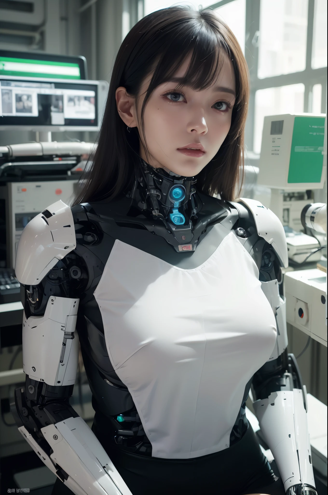 masterpiece, best quality, (photorealistic:1.4), (RAW photo)(8K, 4K, Best Quality, hight resolution, 超A high resolution:1.1), (masutepiece, Realistic, Photorealsitic:1.1), 1girl in, Japaese Cyborg Girl,Plump , announcer,control panels,android,Droid,Mechanical Hand, ,clothes with a sense of mechanical technology, Robot arms and legs, Black Robot Parts,Black hair,Mechanical body,Blunt bangs,White abdomen,White robotics parts,tube dress,perfect robot woman,perfect android woman, perfect mechanical woman,future laboratory,android factory,cyborg factory,robot factory,cyber pank,charging spot,long tube,thick cable connected her neck,bowing,maintainance her,repaired her,full eyes,dark black tights,a bit chubby