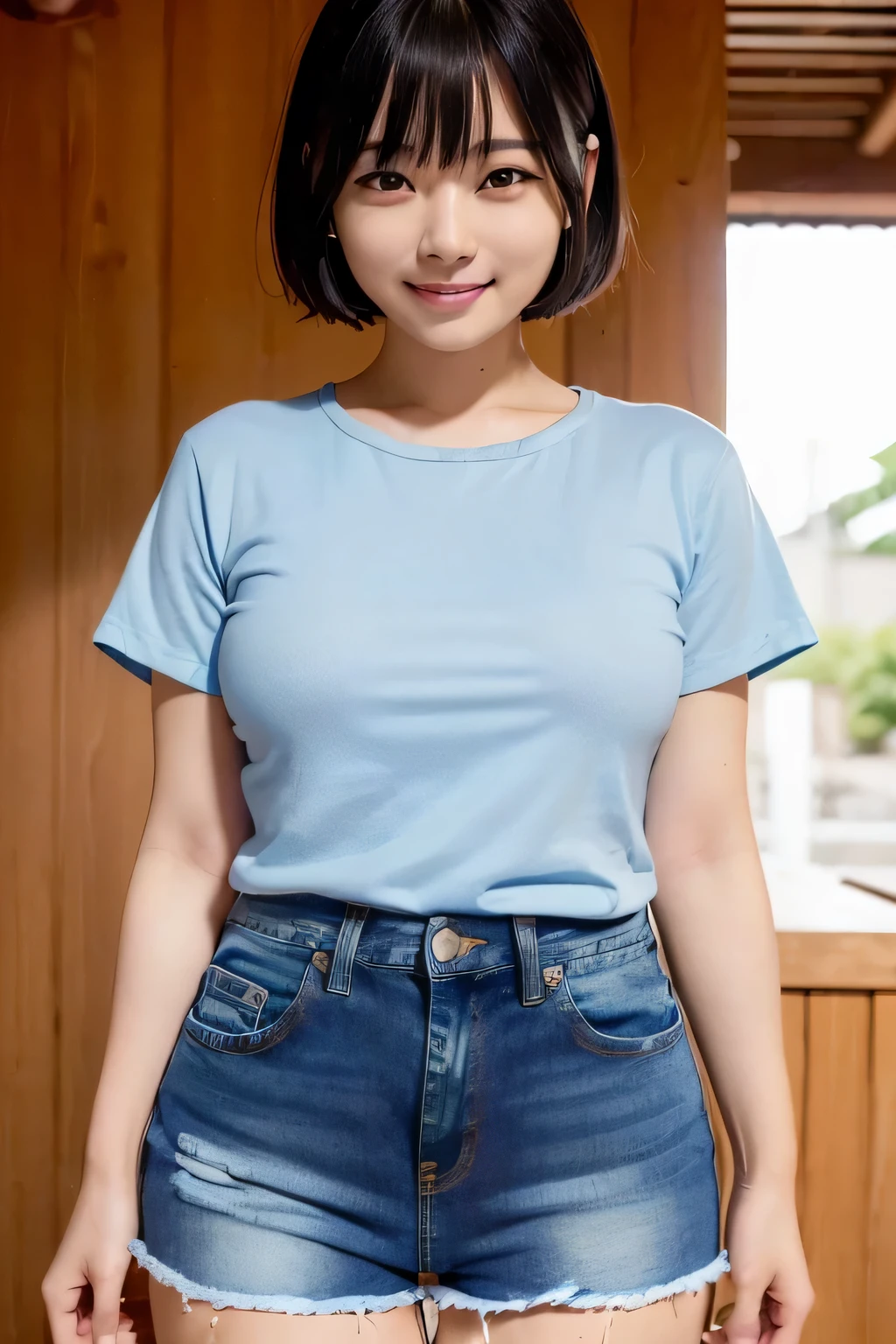 (narrow eyes:1.4), frontal shot , From the middle , (black eye), (japanese woman), 1 girl, (small eyes:1.4), very beautiful 17 year old girl, beautiful breasts:1.5, (highly detailed eyes:1.2), (beautiful breasts:1.1), short hair, bangs, (thick legs:1.2, huge hips:1.2, thick thighs:1.2), big breasts, perfect skin, Fair skin, tight waist, alone, looking at the viewer, (laughter:1.2), (smile:1.3), (White Round Neck T-Shirt:1.3), ( Blue Short Jeans:1.5)