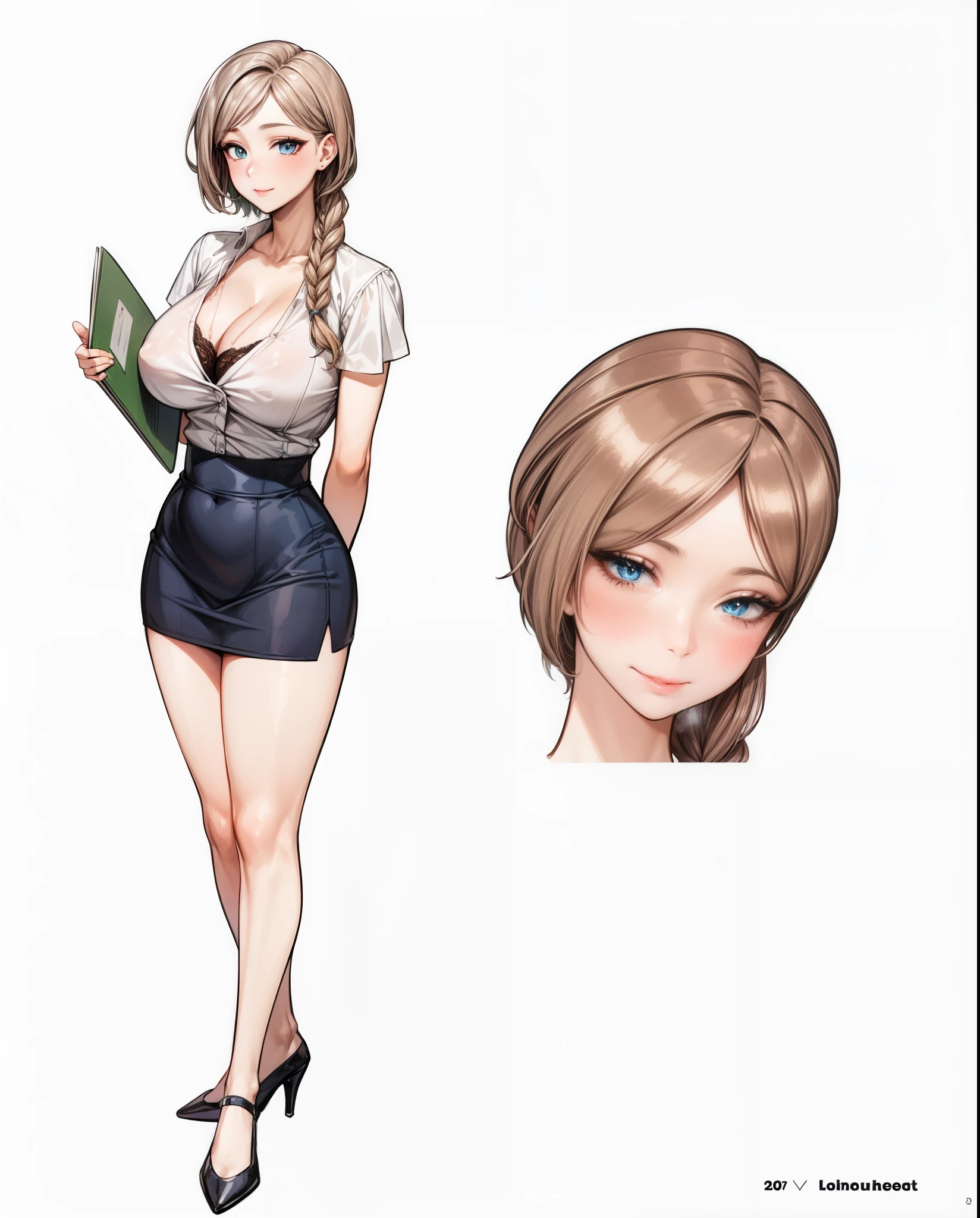  (Beautiful, Huge_Breasts:1.3), (very short skirt:1.4)

a cartoon woman is holding a book in her hand, posing nicely and standing up straight, 1girl, skirt, braid, breasts, brown hair, high heels, cleavage, blush, brown eyes, office lady, pencil skirt, shirt, large breasts, smile, white background, black skirt, multiple views, long hair, single braid, bra, simple background, hair over shoulder, white shirt

1 girl, 20yo,YOUNG female,Beautiful Finger, Beautiful long legs ,Beautiful body ,Beautiful Nose ,Beautiful character design, perfect eyes, perfect face,

looking at viewer, in the center of the image, 

official art, extremely detailed CG unity 8k wallpaper, perfect lighting,Colorful, Bright_Front_face_Lightinasterpiece:1.0),(best_quality:1.0), ultra high res,4K,ultra-detailed,
photography, 8K, HDR, highres, absurdres:1.2, Kodak portra 400, film grain, blurry background, bokeh:1.2, lens flare, (vibrant_color:1.2)
, (beautiful_face:1.5),(narrow_waist), (Beautiful,Huge_Breasts:1.3)