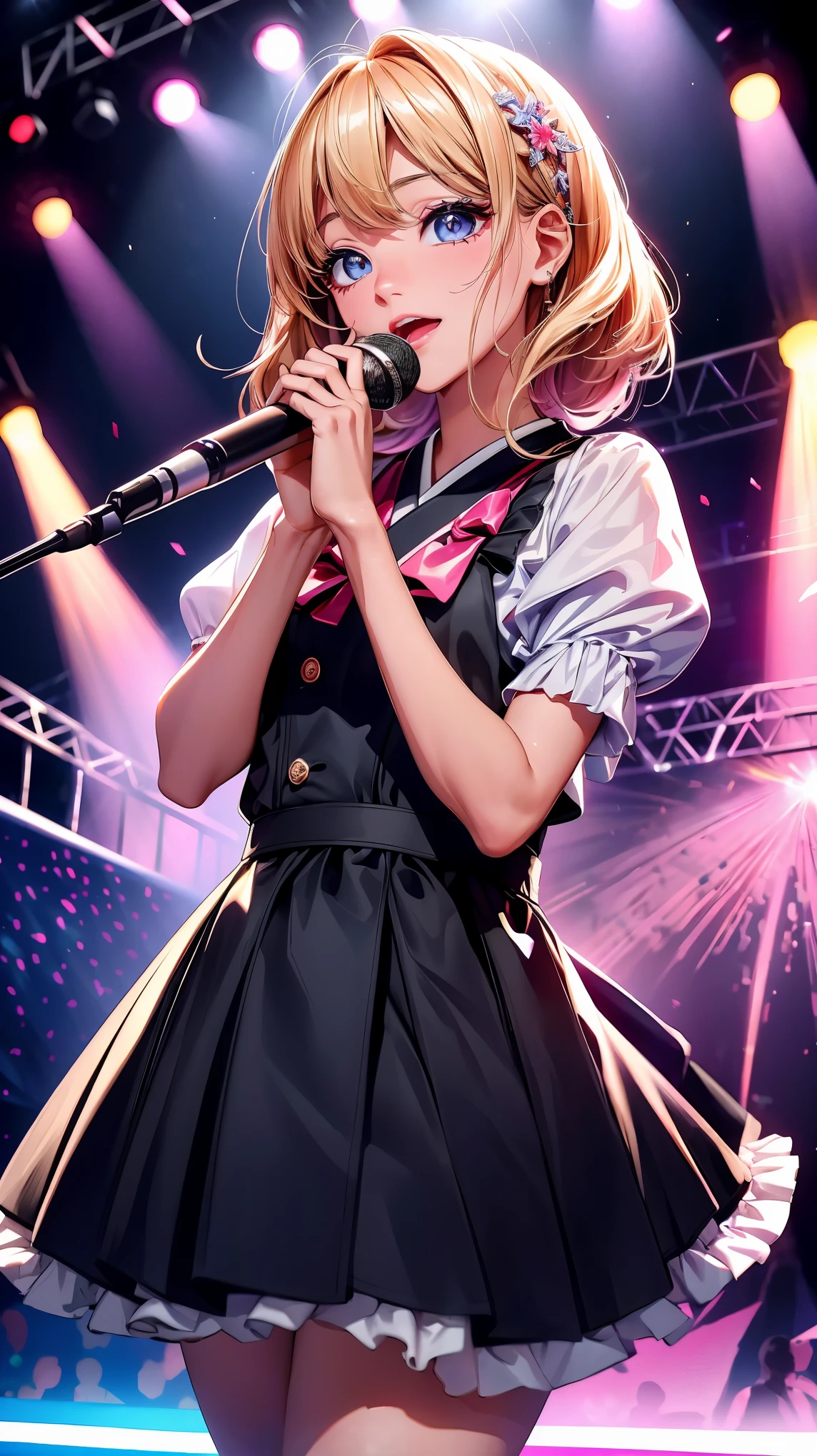 (8K, RAW photo, highest quality, masterpiece: 1.2), High-definition RAW color photo, Professional photography, cinematic light, on a small stage、Wearing colorful idol costumes、surrounded by bright stage lights、With a lively audience and a lively atmosphere、on a small stageperformanceする女の子、Underground idols、(beautiful eyes、beautiful lips、highly detailed eyes and face、long eyelashes)、 Shining spotlights、professional stage effects、Energetic dance moves、dynamic stage background、(Japanese pop culture、music、concert、performance)、Bright colors、soft pastel tones、dazzling stage effects。