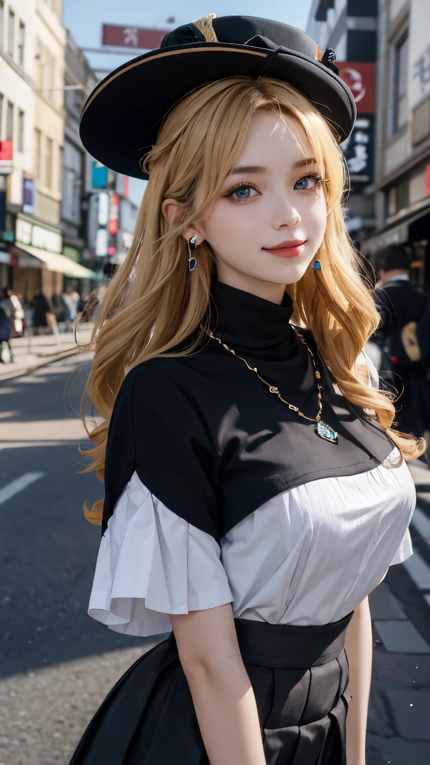 masterpiece，1 girl，above waist，faint smile，glowing skin，best quality，masterpiece，（lifelike：1.4），Uniforms，pleated skirt，black，blur background，Character focal length，（Large aperture：1.2），blonde，long hair，curls，blue eyes，Nice hat，Smiling all over，necklace，earrings，street japan，night