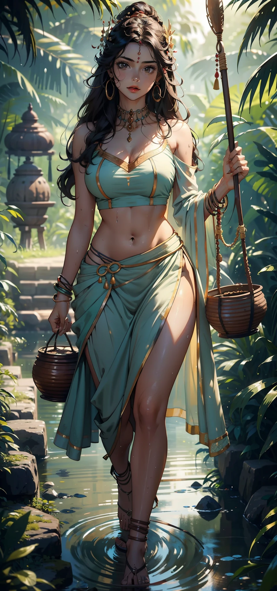 ((best quality)), ((masterpiece)), (detailed), sexy beautiful fair skin perfect indian girl, wearing brown coloured slit ghaghra and choli, walking in jungle to fetch water, she is holding a clay pot on her head, water from the clay pot is spilling out which is making her clothes wet, the slit ghaghra is very erotic and exposing, proper hands, real clay pot, proper clay pot shape
