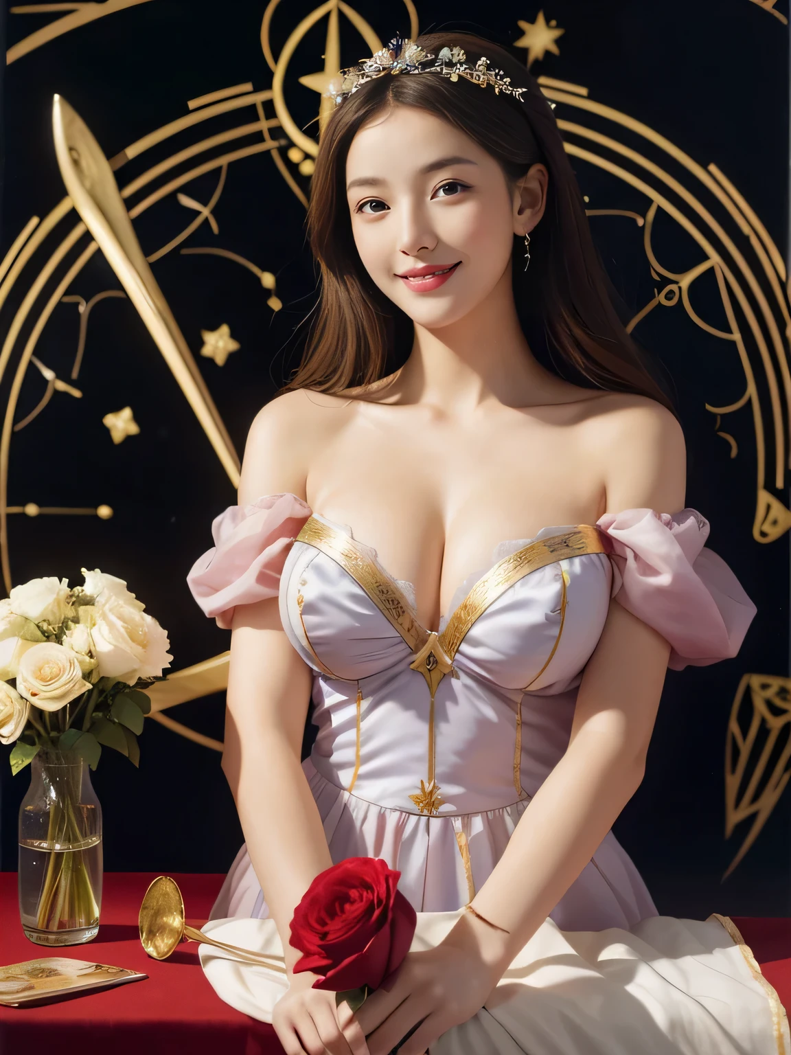 Geometry,stain glass,12 zodiac signs,Vigée Leblanc style,Math、Astronomical utensils,astronault,Roses in a vase,fruits,cute little,A smile,Ancient Greek costumes,Paintings by Sandro Botticelli,Costume with stretched shoulders,huge smile,large full breasts,Ecstasy expression,A sexy,Beautiful bare skin,Cute smile