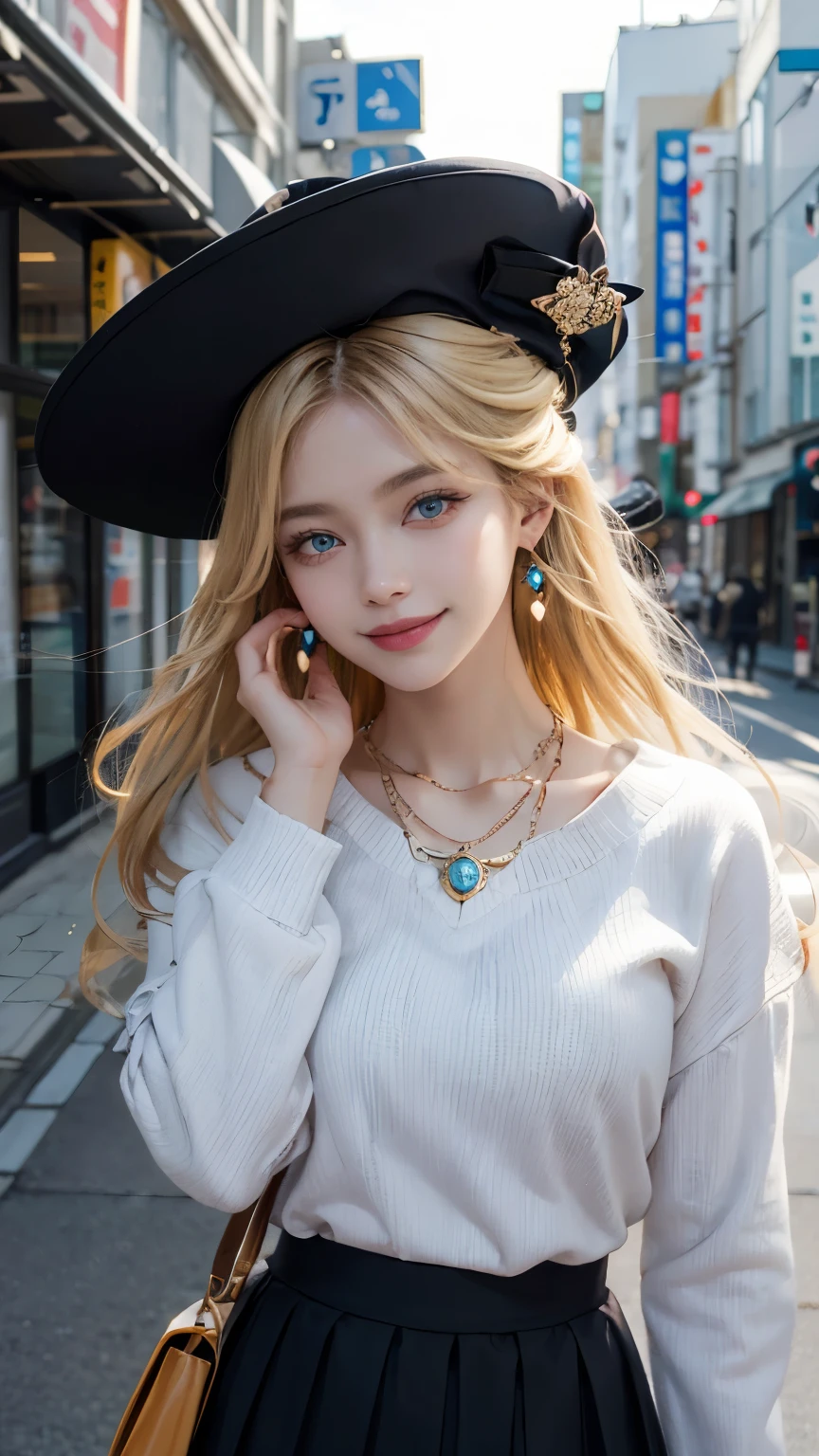 masterpiece，1 girl，above waist，faint smile，glowing skin，best quality，masterpiece，（lifelike：1.4），Uniforms，pleated skirt，black，blur background，Character focal length，（Large aperture：1.2），blonde，long hair，curls，blue eyes，Nice hat，Smiling all over，necklace，earrings，street japan，night，One hand raised