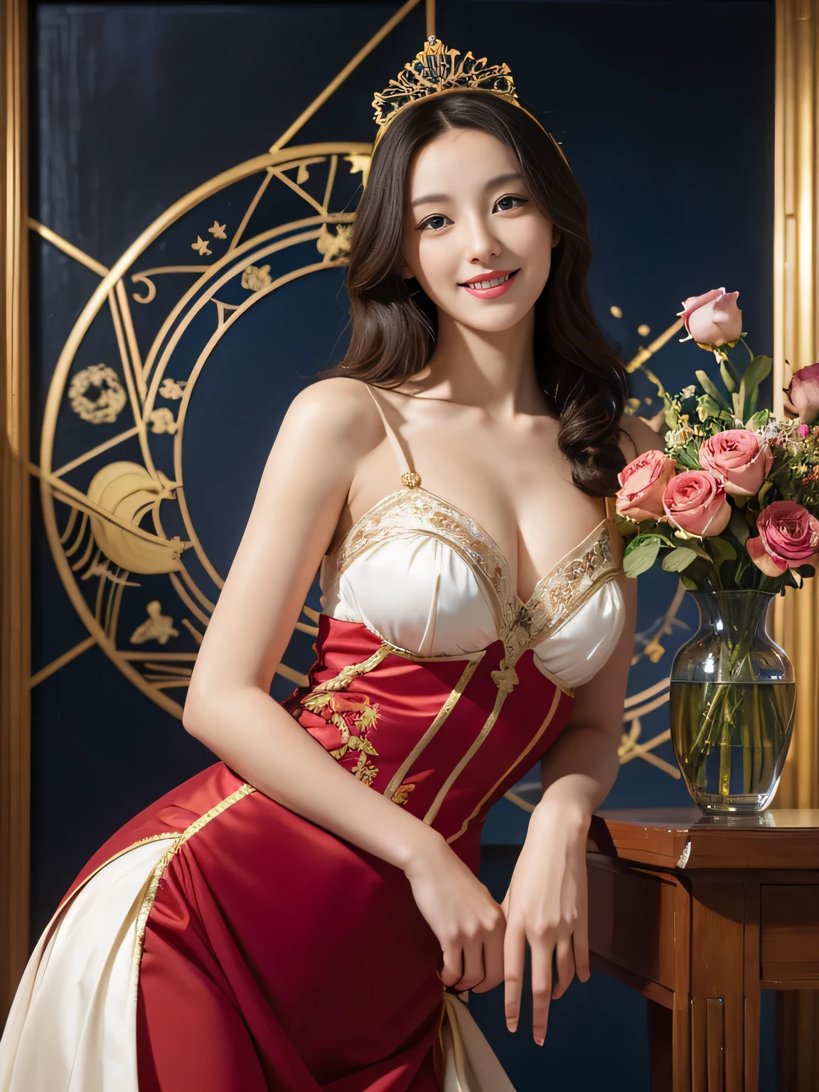 Geometry,stain glass,12 zodiac signs,Vigée Leblanc style,Math、Astronomical utensils,astronault,Roses in a vase,fruits,cute little,A smile,Ancient Greek costumes,Paintings by Sandro Botticelli,Costume with stretched shoulders,huge smile,large full breasts,Ecstasy expression,A sexy,Beautiful bare skin,Cute smile