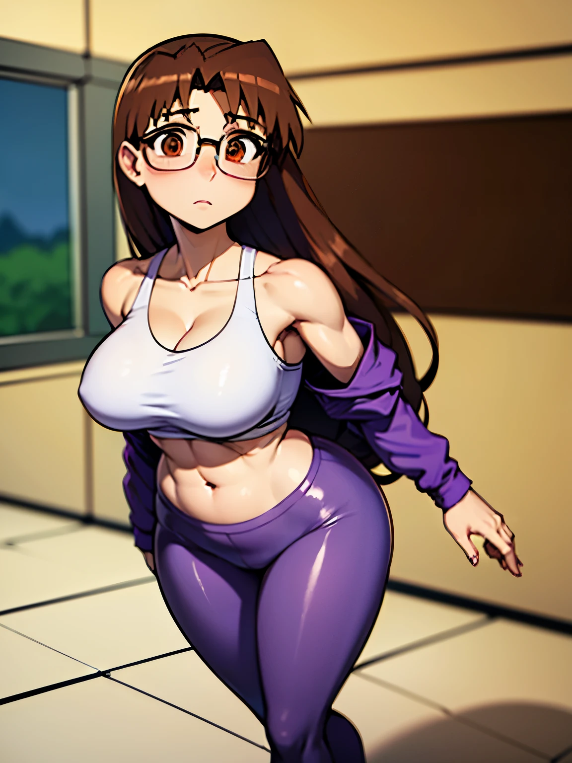 absurdres, highres, ultra detailed, high quality, (1girl:1.3), azumanga daioh's school uniform, huge breasts, brown eyes, brown hair, glasses, mizuhara koyomi, azumanga daioh, long hair, long sleeves, frown, sulking, tsundere, wide hips, thighhighs, breast curtains, curvy, no bra, gigantic breasts, thick thighs, thighs, classroom, masterpiece, collarbone, large breasts, blush, indoors, blurry background, large hips, huge butt, plump, sexy, Milk meat spilled from the armor, bubble butt,Smell,Breasts are larger than the torso,Crazy swollen breasts,(Exaggerated body proportions),(Nine-headed body),a plump buttocks,slender leg,Thick thighs, camel-toe,Lift, extremely tight clothes, extremely delicate and beautiful, perfect lighting, perky breasts, (((wide hips))), ((thick thighs)), (chubby), chubby belly, fat rolls, belly hang, intricate background, detailed background, busty, gravure pose, {{masterpiece}}},{{{best quality}}}, (gigantic breasts), (curvy:1.5) , (depth of field), (blurry foreground), (blurry background), (1girl), (motion blur), (photo \(medium\)), (big ass), (looking back), (from behind) looking at viewer, large breasts, standing, bare shoulders, parted lips, shiny, high heels, sheath, fishnets, skin tight, shiny clothes, wearing (((purple urban techwear crop jacket))), techwear tights, (((white sportsbra)