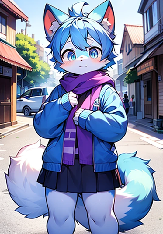 Bright Eyes, panoramic, Character Focus Solo, hairy, hairy雌性豹子,Female has light blue fur with purple patterns,,Dark blue eyes,Light blue hair (long), Wearing a light purple jacket and skirt,Casual Clothing, young style, Height 1.7 meters, beautiful,Cool, Lovely,has a tail,