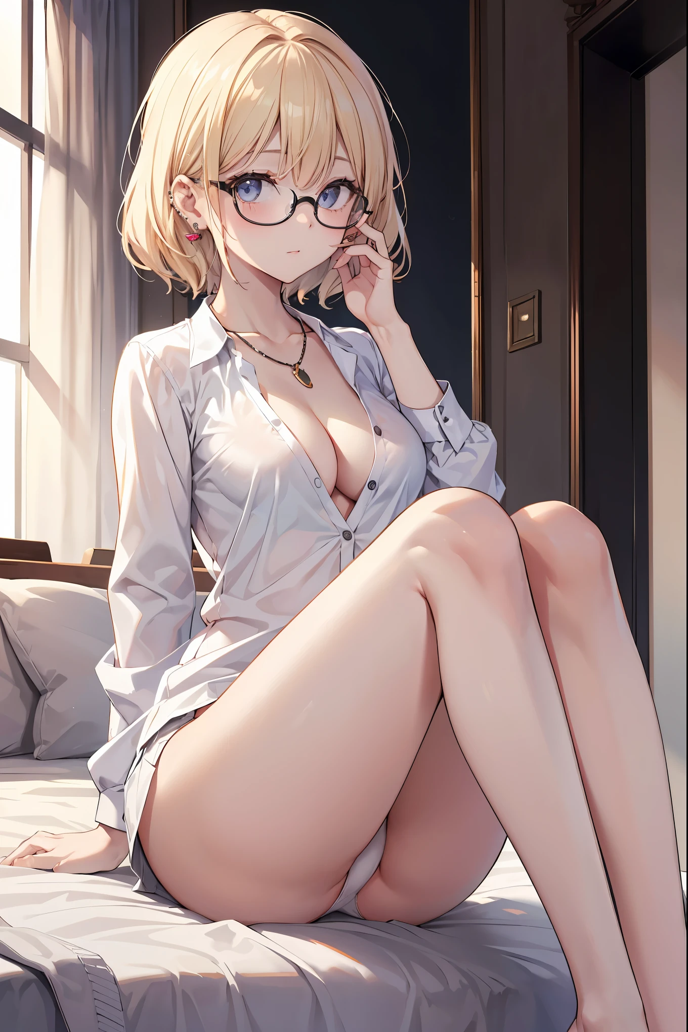 8K、highest quality、masterpiece、Super detailed、ultra high resolution、((1 person))、girl、blonde、make、ear nipple rings、necklace、big round lens glasses、Medium chest、white shirt、Unbutton the button、cleavage、sitting on the bed、mini skirt、((white panties))、Stand with your thighs spread to the left and right、Poses to seduce men