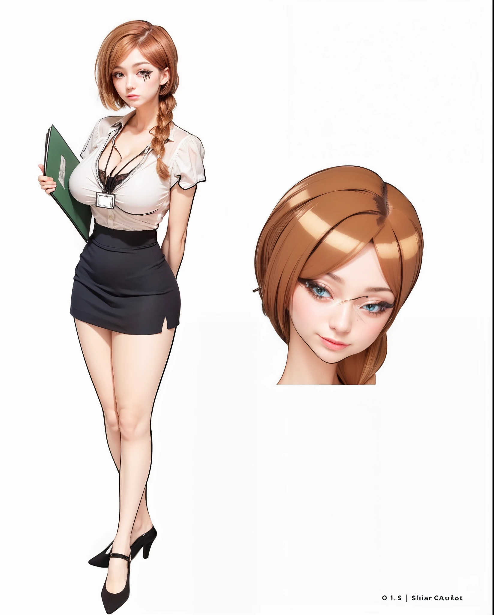  (Beautiful, Huge_Breasts:1.3), (very short skirt:1.4)

a cartoon woman is holding a book in her hand, posing nicely and standing up straight, 1girl, skirt, braid, breasts, brown hair, high heels, cleavage, blush, brown eyes, office lady, pencil skirt, shirt, large breasts, smile, white background, black skirt, multiple views, long hair, single braid, bra, simple background, hair over shoulder, white shirt

1 girl, 20yo,YOUNG female,Beautiful Finger, Beautiful long legs ,Beautiful body ,Beautiful Nose ,Beautiful character design, perfect eyes, perfect face,

looking at viewer, in the center of the image, 

official art, extremely detailed CG unity 8k wallpaper, perfect lighting,Colorful, Bright_Front_face_Lightinasterpiece:1.0),(best_quality:1.0), ultra high res,4K,ultra-detailed,
photography, 8K, HDR, highres, absurdres:1.2, Kodak portra 400, film grain, blurry background, bokeh:1.2, lens flare, (vibrant_color:1.2)
, (beautiful_face:1.5),(narrow_waist), (Beautiful,Huge_Breasts:1.3)