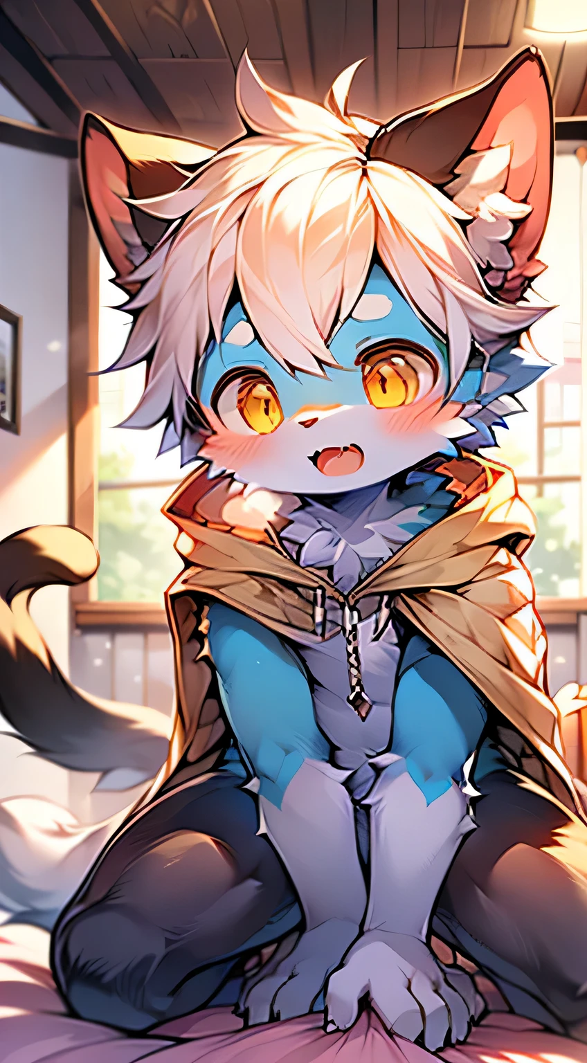 (bright environment:0.8),masterpiece,high quality,abstract research,number\(a work of art\), through thick snacks,cuihongshi, Yes,Kiyoyama,(Hana Charcoalo,fluffy fur,Character focus:1.1),Hana Charcoalo male cat,short hair,portrait , eyes are very bright, panoramic, Character focus.(Detailed background:0.7), double, hairy, hairy male, male focus, Hana Charcoal,(全身hairy的, hairy的尾巴, light blue fur, white belly,yellow eyes, white hair:1.2), (long canine teeth、yellow capelet、breath through、Slobber:1.2),(Interior design、and then、bedroom、on the bed:1.1)Human kittens,Super cute little Shota,The genitals are large,very long,