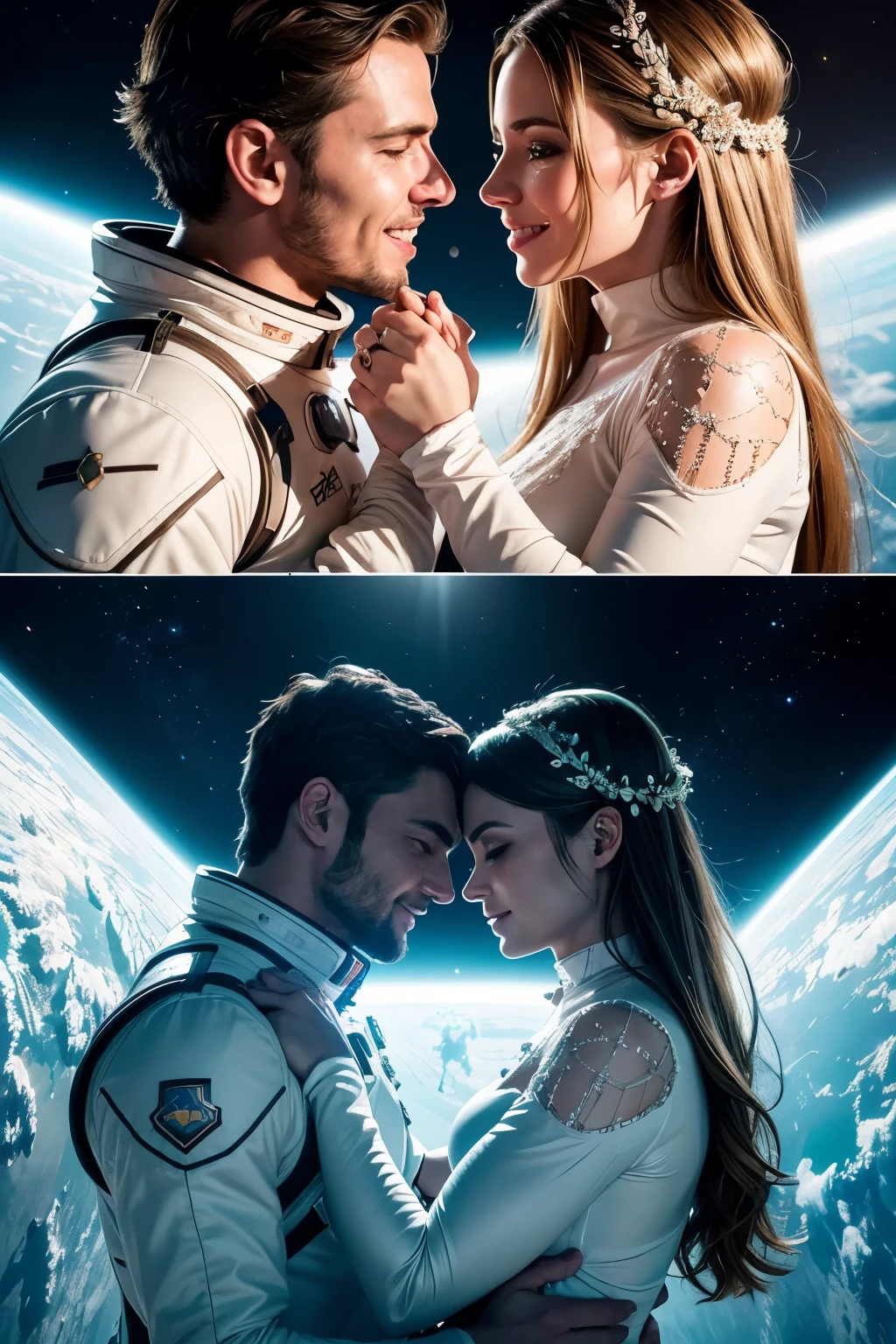 (Realistic: 1.5), Lovely Modern Wedding in Space, Masterpiece, best quality, 8k, realistic, ultra-detailed, quality (masterpiece: 1.4), (photorealistic: 1.5), (best quality), (detailed skin: 1.5), intricate details, ray tracing, half body pose, 1 couple, both wearing modern white space suits with golden accents, holding hands, looking into each other's eyes, space station background with Earth visible, cinematic lighting, vibrant colors. Real emotion, genuine smiles, and a unique setting that exudes a modern and lovely aesthetic.