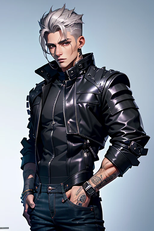 20th generation men,muscular,silver hair,Berry Short,tanned skin,black biker jacket,Black denim pants