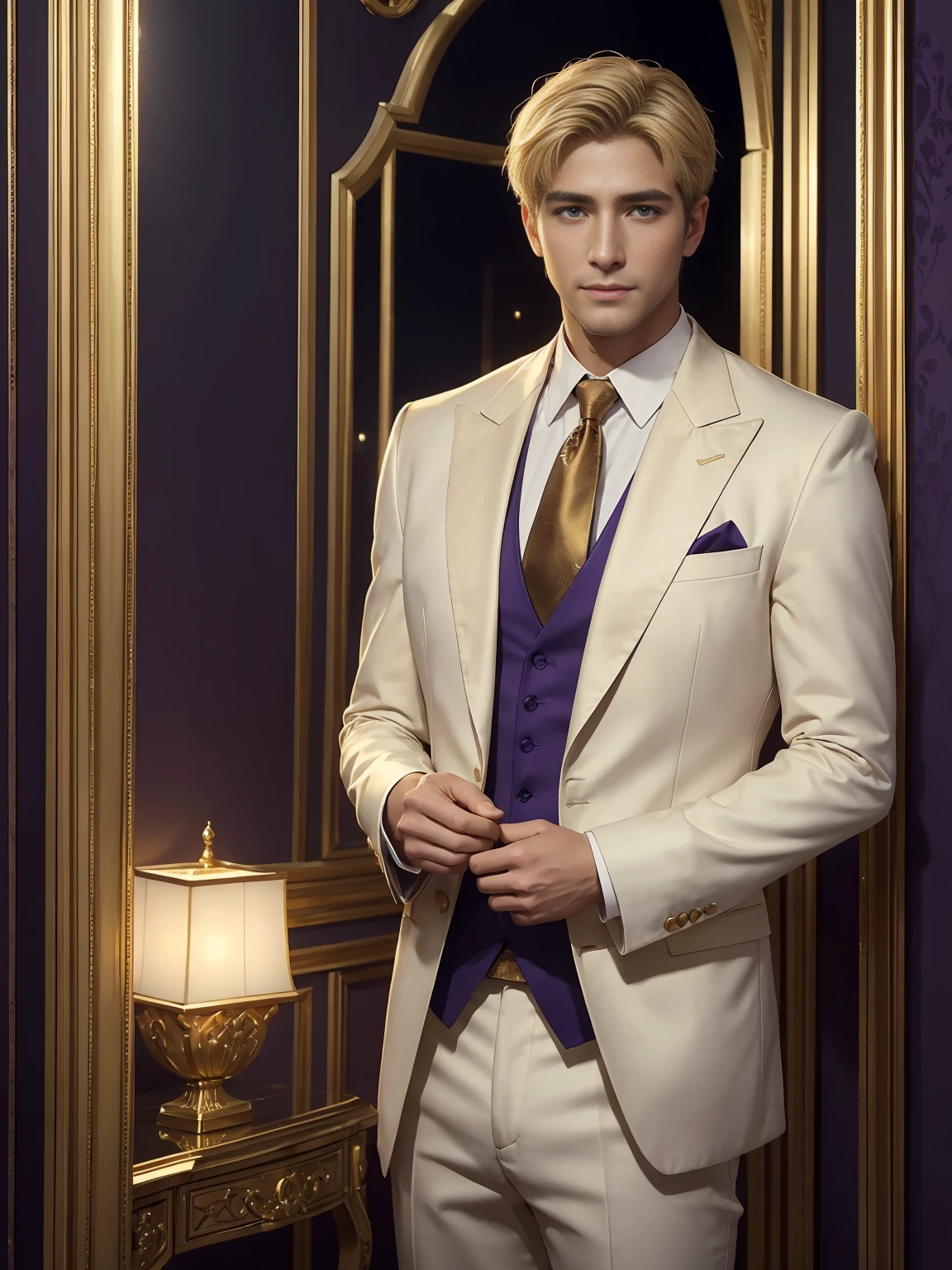 With short golden hair,The hair is on the back,Eyes jewel colored,There is still hatred in his eyes,Wearing a white suit is very elegant,The boy sitting on the throne, covered in blood and full of hatred