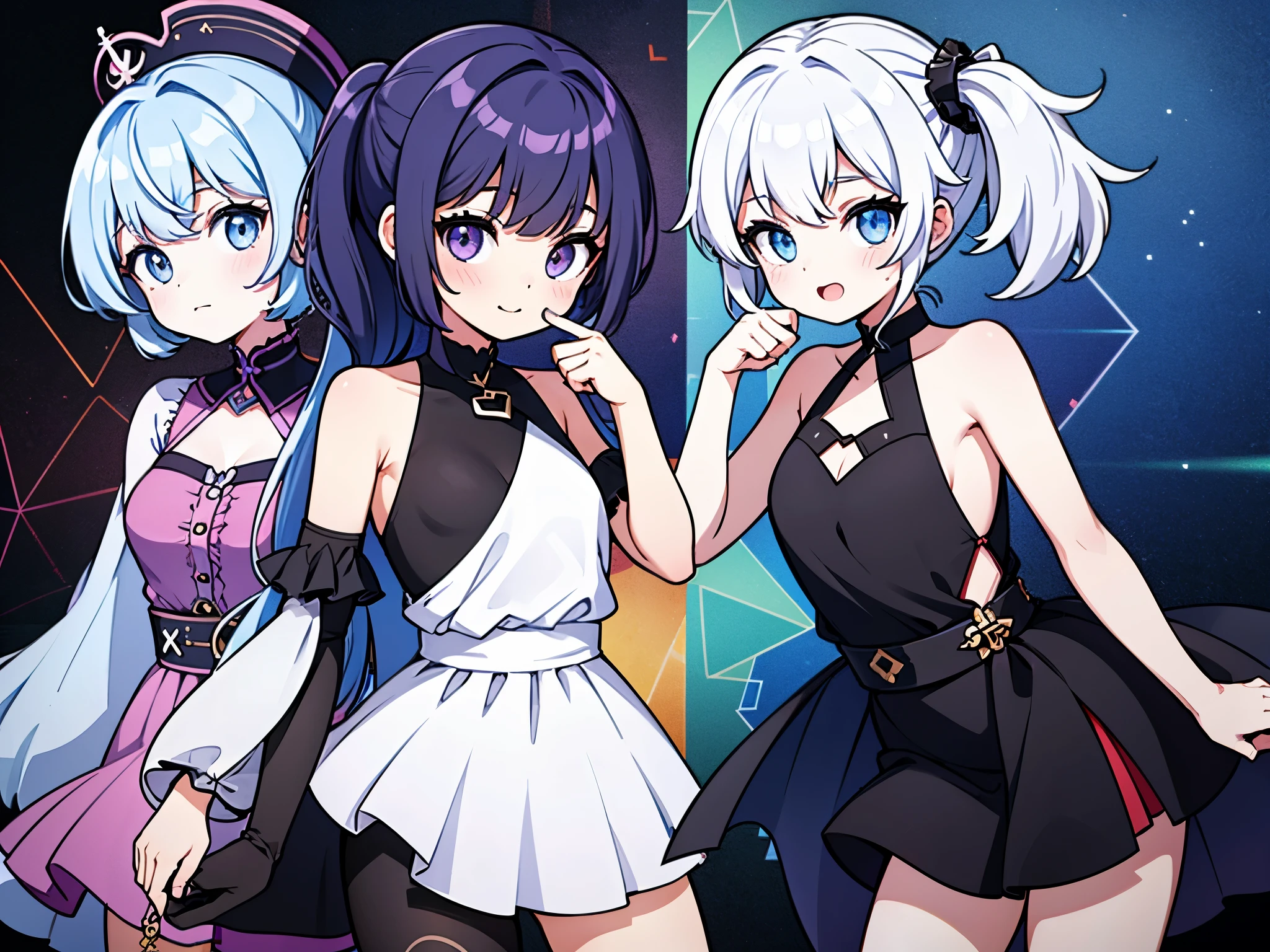 twins, female, dissimilar hairstyles, dissimilar hair colors, dissimilar eye colors, dissimilar iris colors, dissimilar outfits,