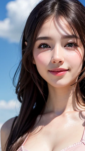 (8K, highest quality, masterpiece:1.2), (realistic, realistic:1.37), ultra detail, 1 girl,cute,alone,beautiful and detailed sky,date,(blush),(smile:1.15),(closed mouth)small breasts,beautiful and fine eyes,(long hair: 1.2),Floating hair NovaFrogStyle, Upper body, Tank top