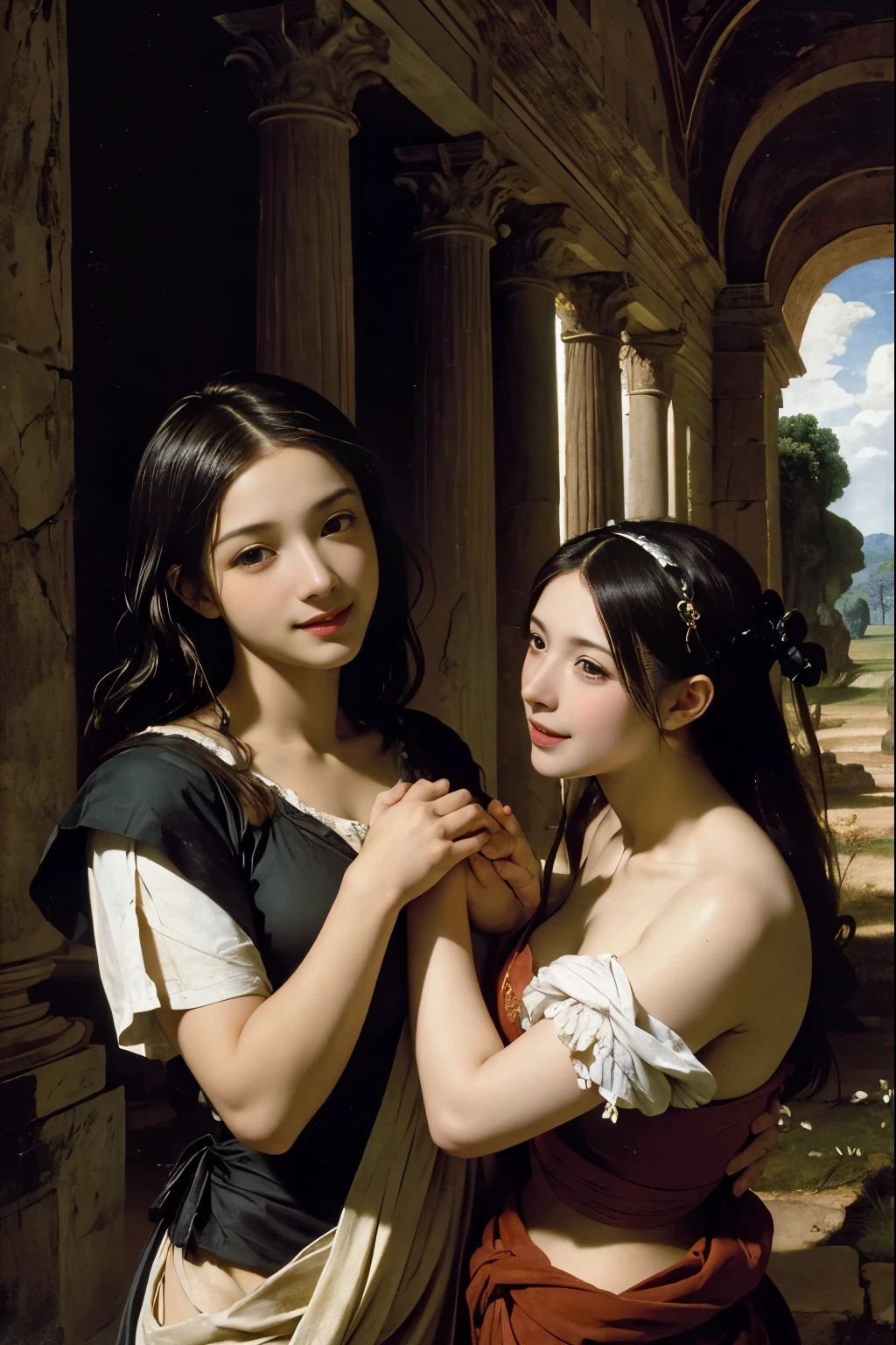 Ancient Roman ruins,landscape in the style of Poussin,A smile,,Sweet and seductive appearance.、Caravaggio's paintings、Chiaroscuro of Caravaggio、Hair disheveled in the wind,Two women frolicking,Cute smile, Expression of ecstasy,A sexy,erotick