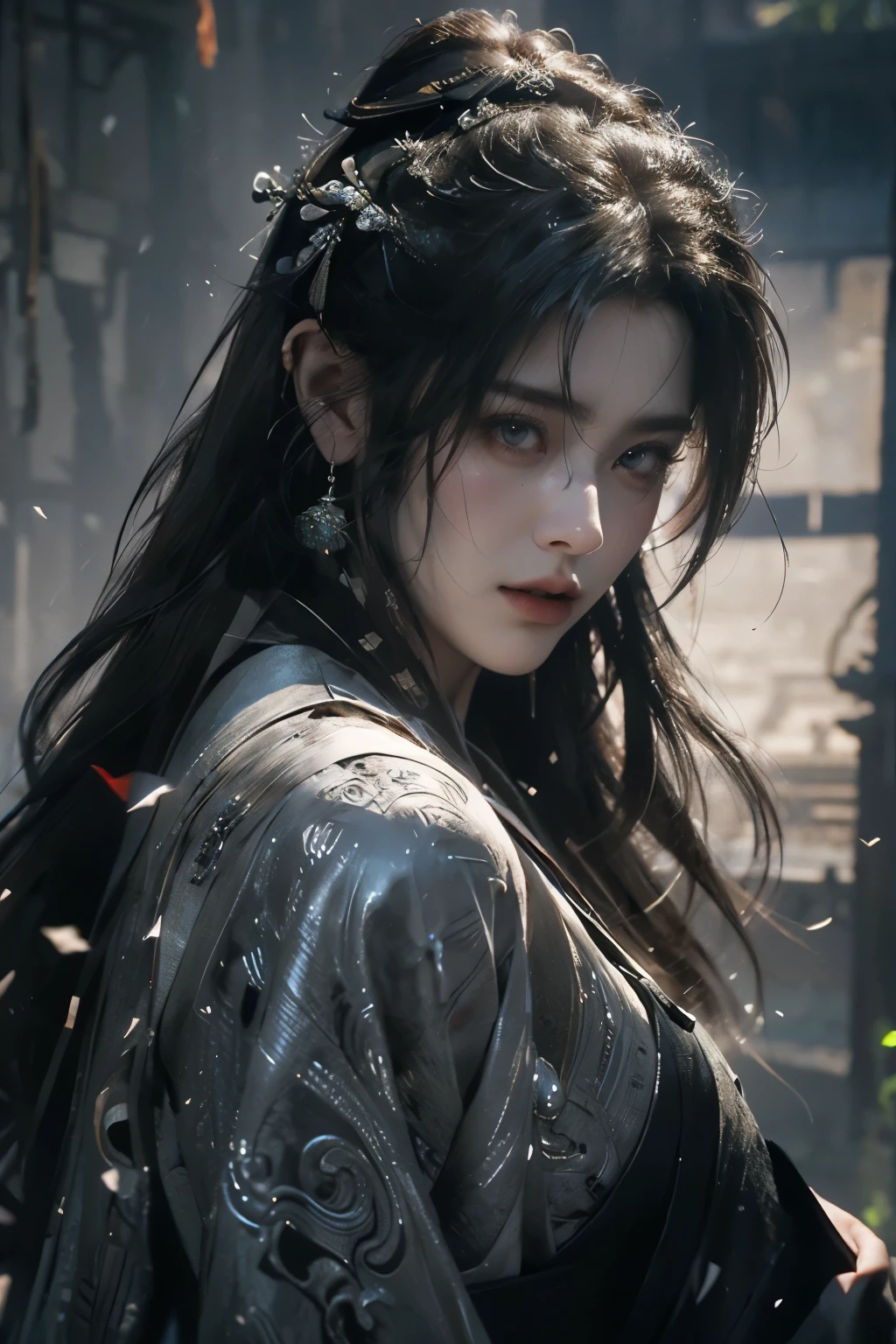 Game art，The best picture quality，Highest resolution，8K，(A bust photograph)，(Portrait from bust:1.5)，(Head close-up)，(Rule of thirds)，Unreal Engine 5 rendering works， (The Girl of the Future)，(Female Warrior)， 
20岁少女，(The warrior in ancient China)，An eye rich in detail，(Big breasts)，优雅高贵，冷漠，(Brave)，
(The costume of Chinese swordsman elements，Costumes of ancient Chinese characters，A random pattern of clothing，Ribbon，Joint Armor，Rich dress details，)中国人物，奇幻风格，
拍照姿势，野外背景，Movie lights，Ray tracing，Game CG，((3D Unreal Engine))，oc渲染反射纹