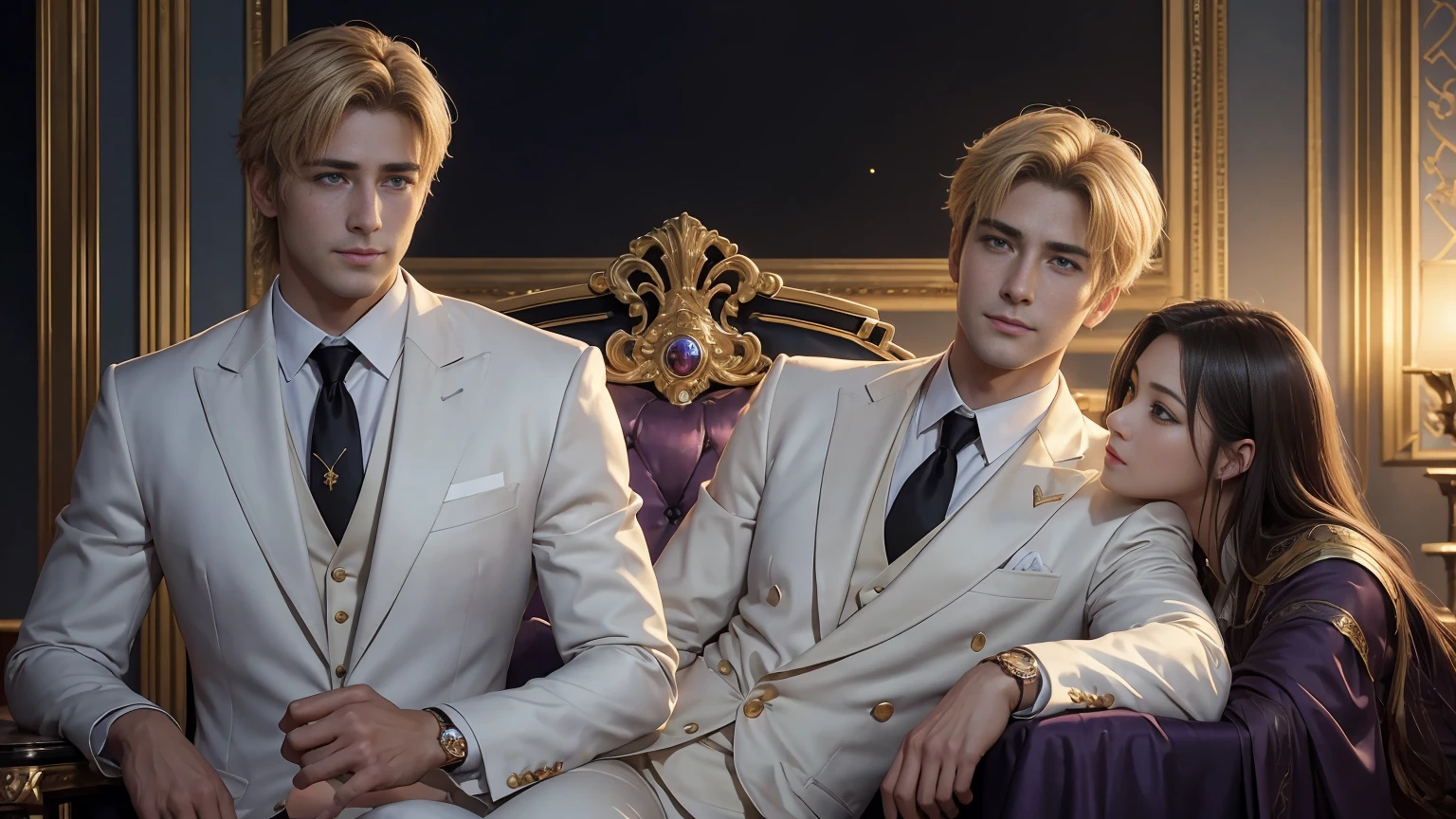 {(best quality, 8k, masterpiece, HDR, soft lighting, perfect image, digital illustration, manhwa art, hyper detailed image, perfect lines, realistic)}Constantine the Great, Roman Emperor Constantine the Great resurrected in modern times。34 years old。one adult male。Long body。broad shoulder。thick neck。eyes like a lion。Bright and sharp eyes。Looking here。Sincere and kind。Kind and reliable。Deal with it sternly if necessary.。talented and hardworking businessman。successful gentleman。careerist。he is wearing a high quality white suit。dark purple tie。Light purple shirt。forceful。An overwhelming sense of control。romance novel hero。Bold composition。look up to。lyrical。Dramatic。heartful。Romantic。Travel situation。Exotic。opulent。elegan。elegance。Background of Constantine in Algeria reflected in the sunset。masterpiece。top-quality。Super beautiful。The ultra -The high-definition。detaileds。exquisite。, short blonde hair, blue eyes, olive skin, clothes luxurious (imposing posture, smiling), {(black background with golden sparkles)}