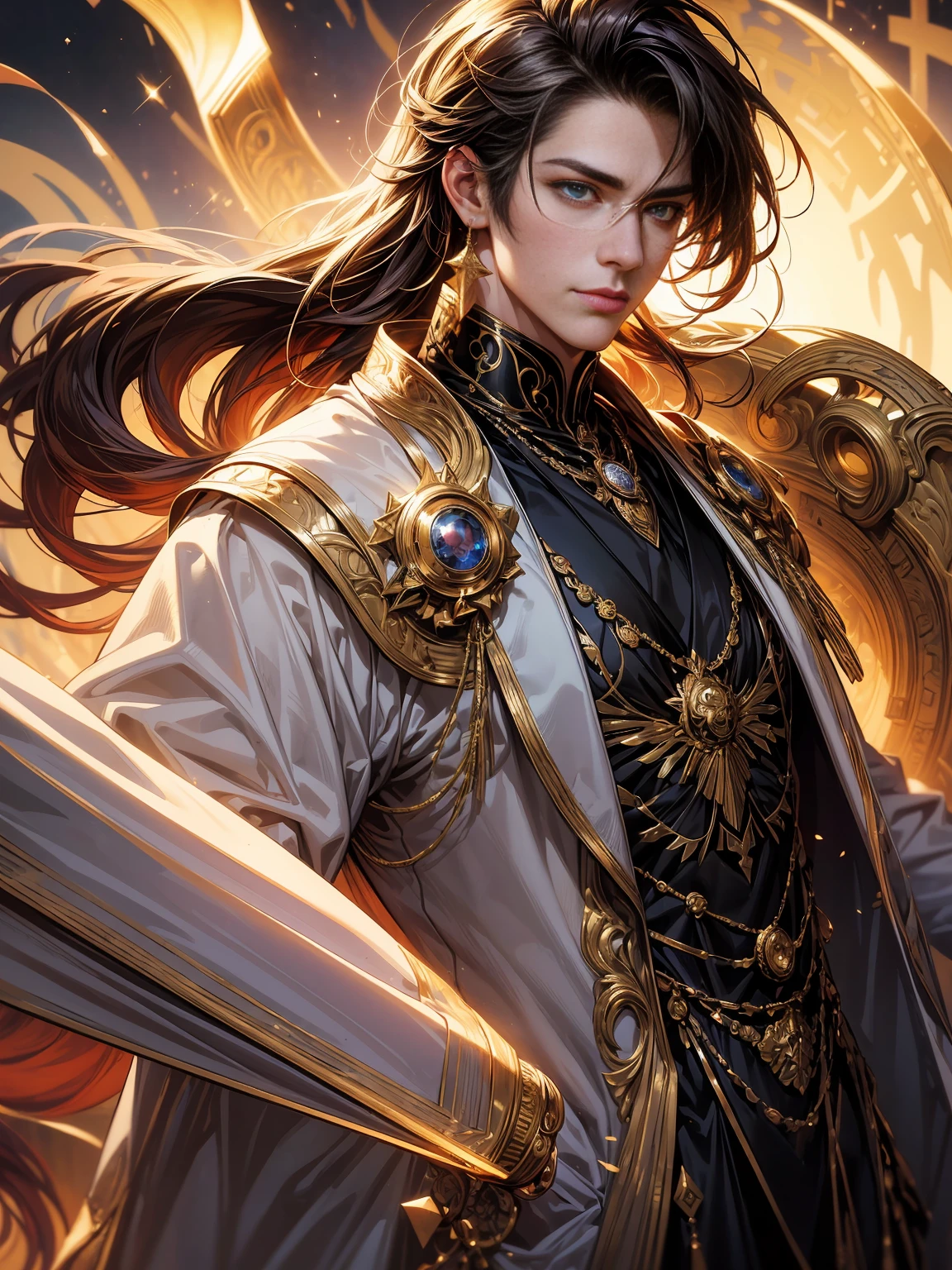 {(best quality, 8k, masterpiece, HDR, soft lighting, perfect image, digital illustration, manhwa art, hyper detailed image, perfect lines, realistic)}Constantine the Great, Roman Emperor Constantine the Great resurrected in modern times。34 years old。one adult male。Long body。broad shoulder。thick neck。eyes like a lion。Bright and sharp eyes。Looking here。Sincere and kind。Kind and reliable。Deal with it sternly if necessary.。talented and hardworking businessman。successful gentleman。careerist。he is wearing a high quality white suit。dark purple tie。Light purple shirt。forceful。An overwhelming sense of control。romance novel hero。Bold composition。look up to。lyrical。Dramatic。heartful。Romantic。Travel situation。Exotic。opulent。elegan。elegance。Background of Constantine in Algeria reflected in the sunset。masterpiece。top-quality。Super beautiful。The ultra -The high-definition。detaileds。exquisite。, short blonde hair, blue eyes, olive skin, clothes luxurious (imposing posture, smiling), {(black background with golden sparkles)}
